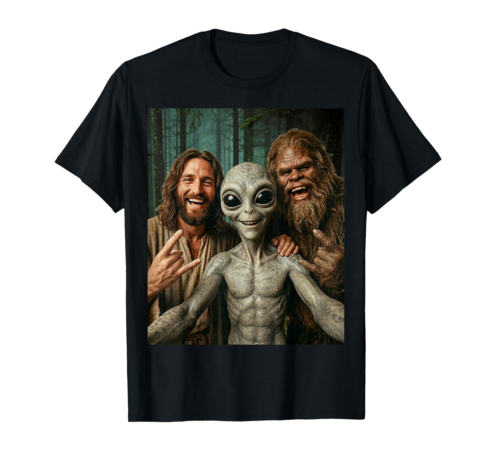 Funny Bigfoot Alien Jesus Rock Hand T-Shirt - Aesthetic Graphic for Adults - T-Shirt, Sweatshirt, Hoodie