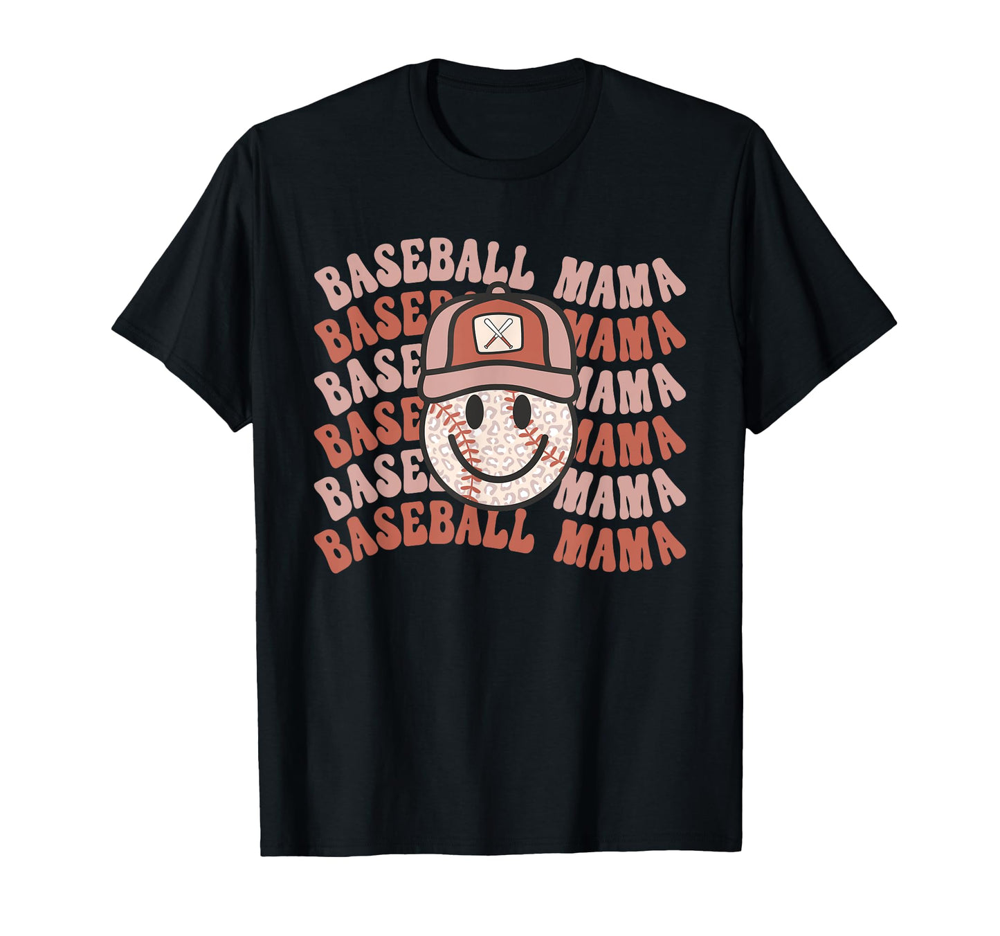 Baseball Mama Leopard Happy Face T-Shirt - Casual Everyday Wear Unisex - T-Shirt, Sweatshirt, Hoodie
