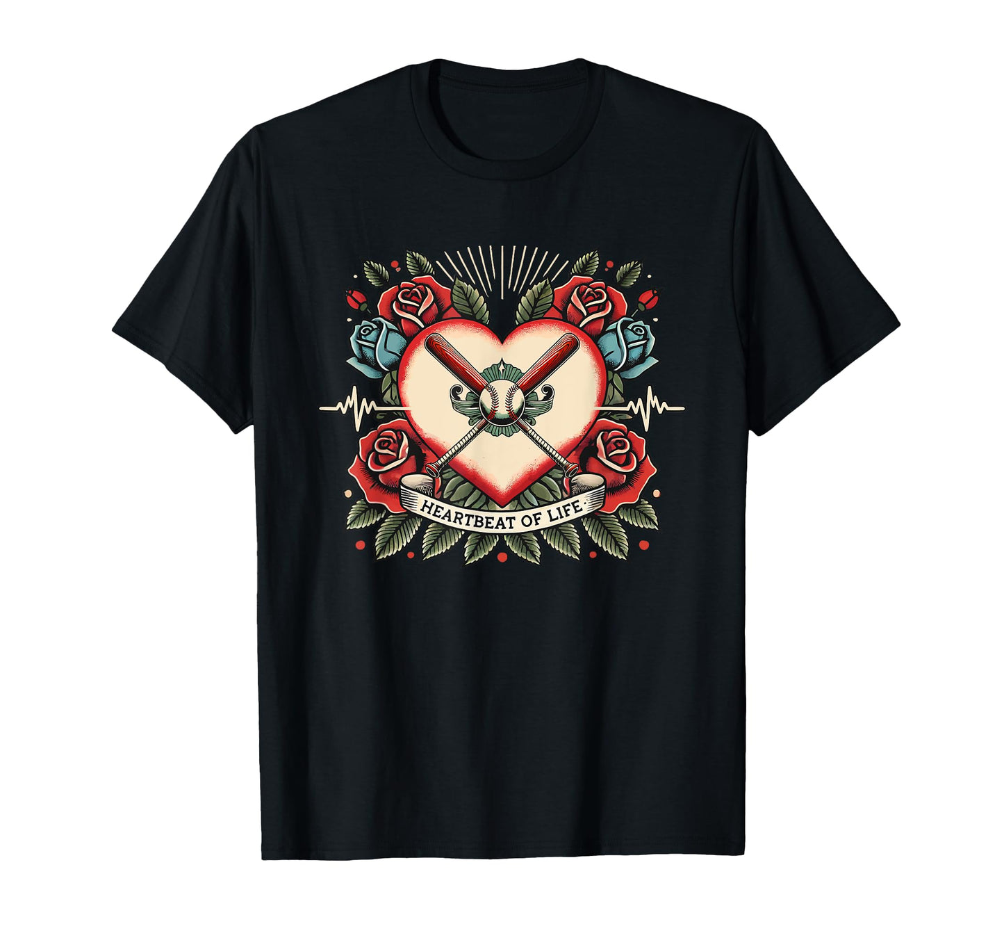 Baseball Heartbeat Tattoo Roses T-Shirt - Unique Graphic Men Women - T-Shirt, Sweatshirt, Hoodie