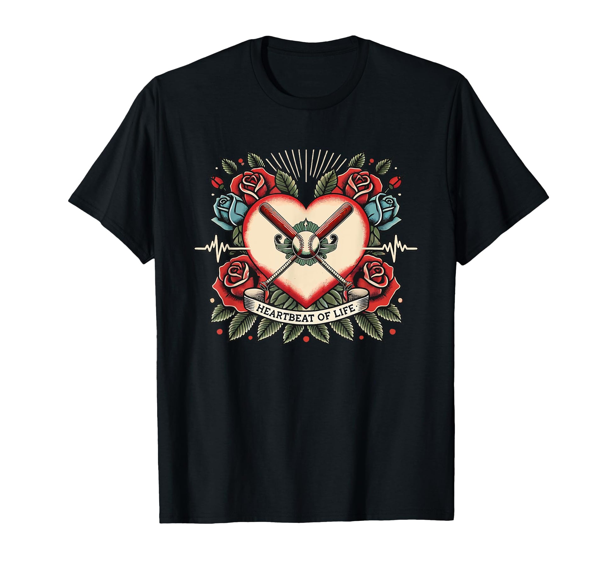 Baseball Heartbeat Tattoo Roses T-Shirt - Unique Graphic Men Women - T-Shirt, Sweatshirt, Hoodie