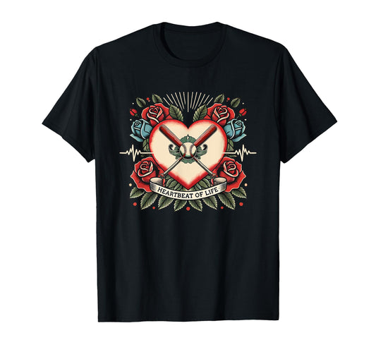 Baseball Heartbeat Tattoo Roses T-Shirt - Unique Graphic Men Women - T-Shirt, Sweatshirt, Hoodie
