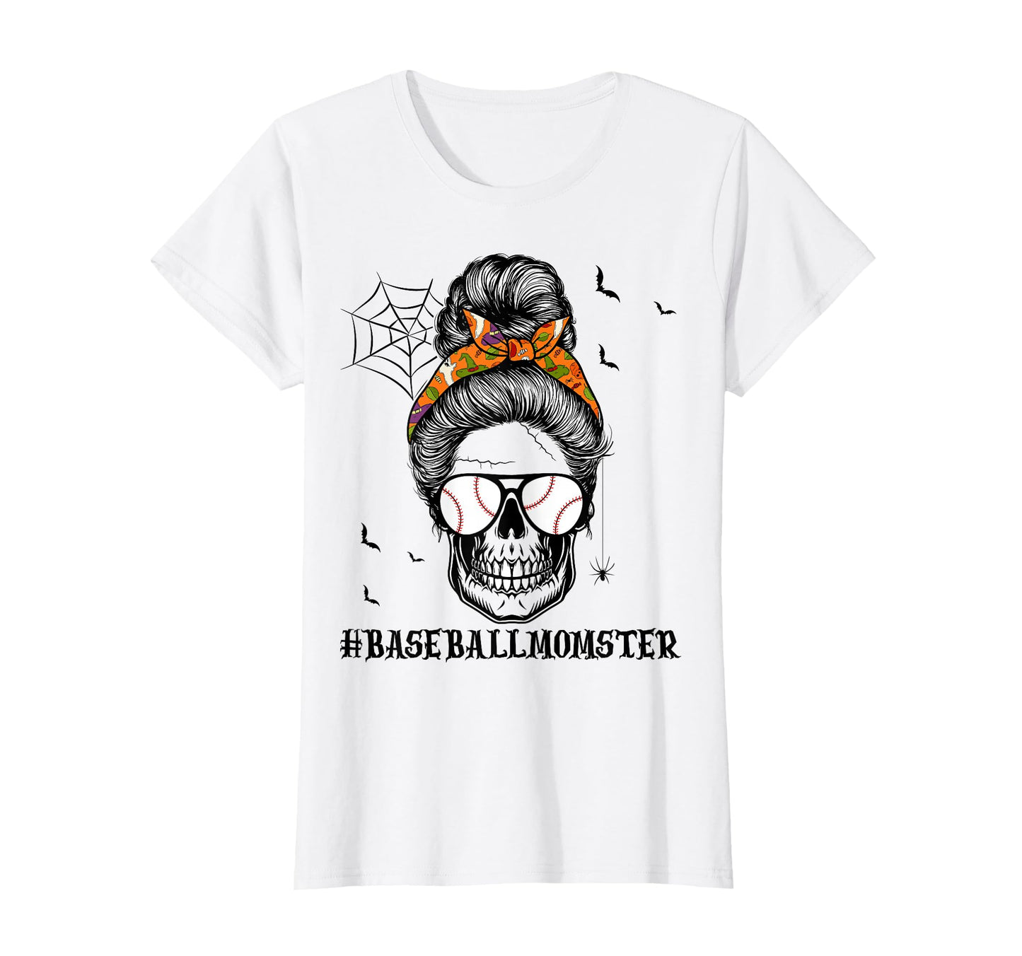 Messy Bun Baseball Mom Skull Spooky T-Shirt - Graphic Print Men Women - T-Shirt, Sweatshirt, Hoodie