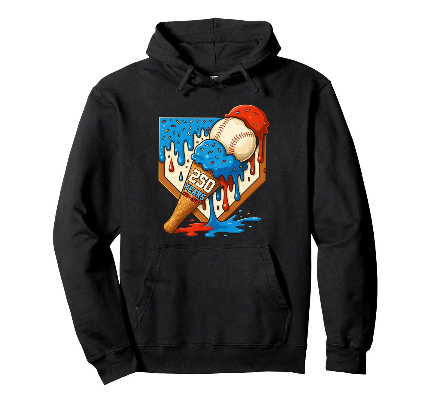 250 Years Baseball Ice Cream Drip Hoodie - Unique Graphic for Adults - T-Shirt, Sweatshirt, Hoodie
