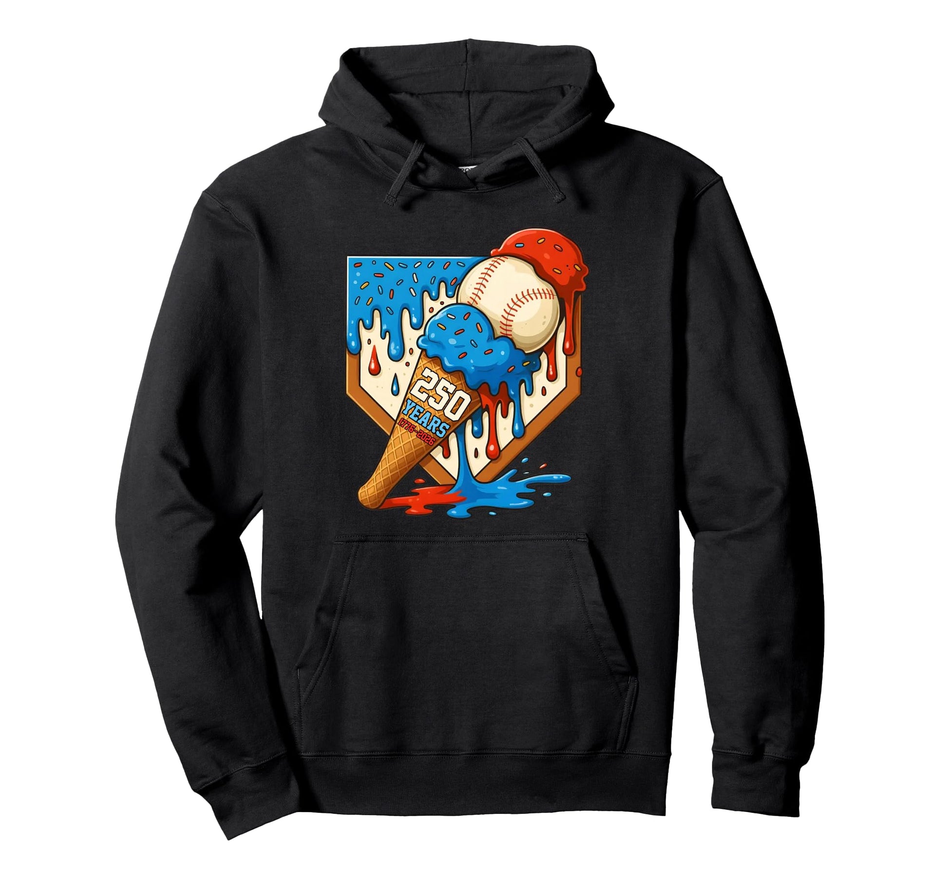 250 Years Baseball Ice Cream Drip Hoodie - Unique Graphic for Adults - T-Shirt, Sweatshirt, Hoodie