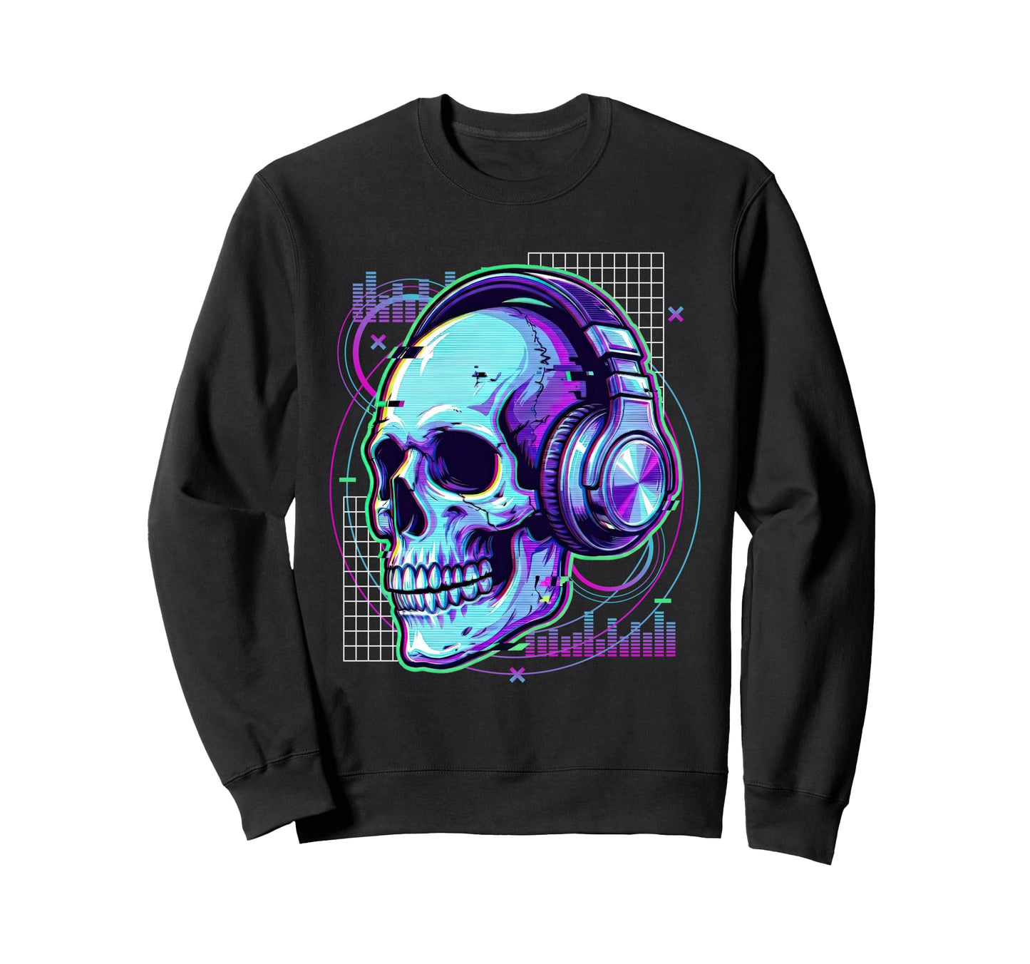 Rave Dj Skull Glitch Synthwave Edm Sweatshirt - Novelty Apparel for Adults - T-Shirt, Sweatshirt, Hoodie