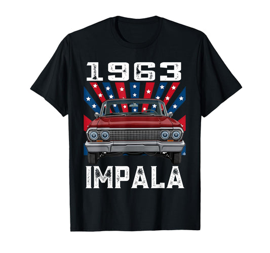 American Flag 1963 63 Impala Old School T-Shirt - Graphic Print for Adults - T-Shirt, Sweatshirt, Hoodie