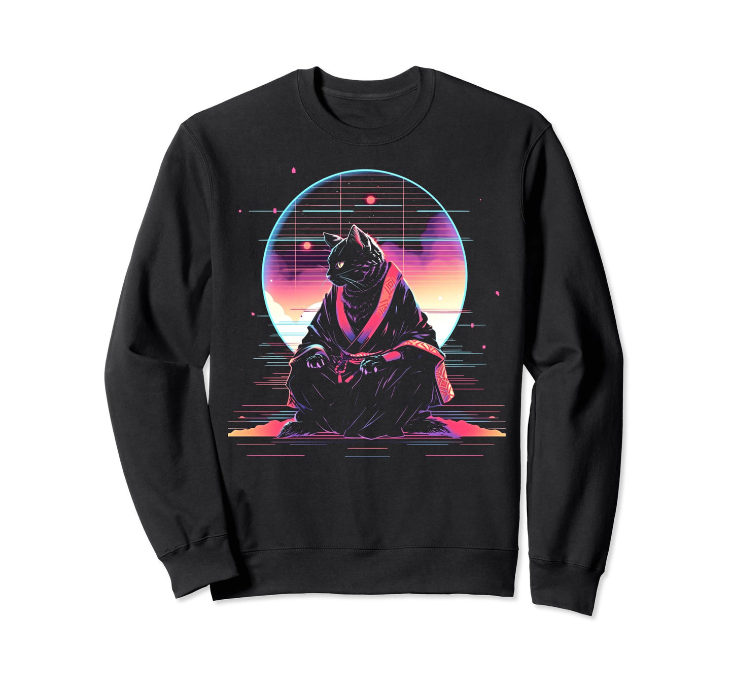 Synthwave Cat Samurai Mediation Sweatshirt - Trendy Graphic Men Women - T-Shirt, Sweatshirt, Hoodie