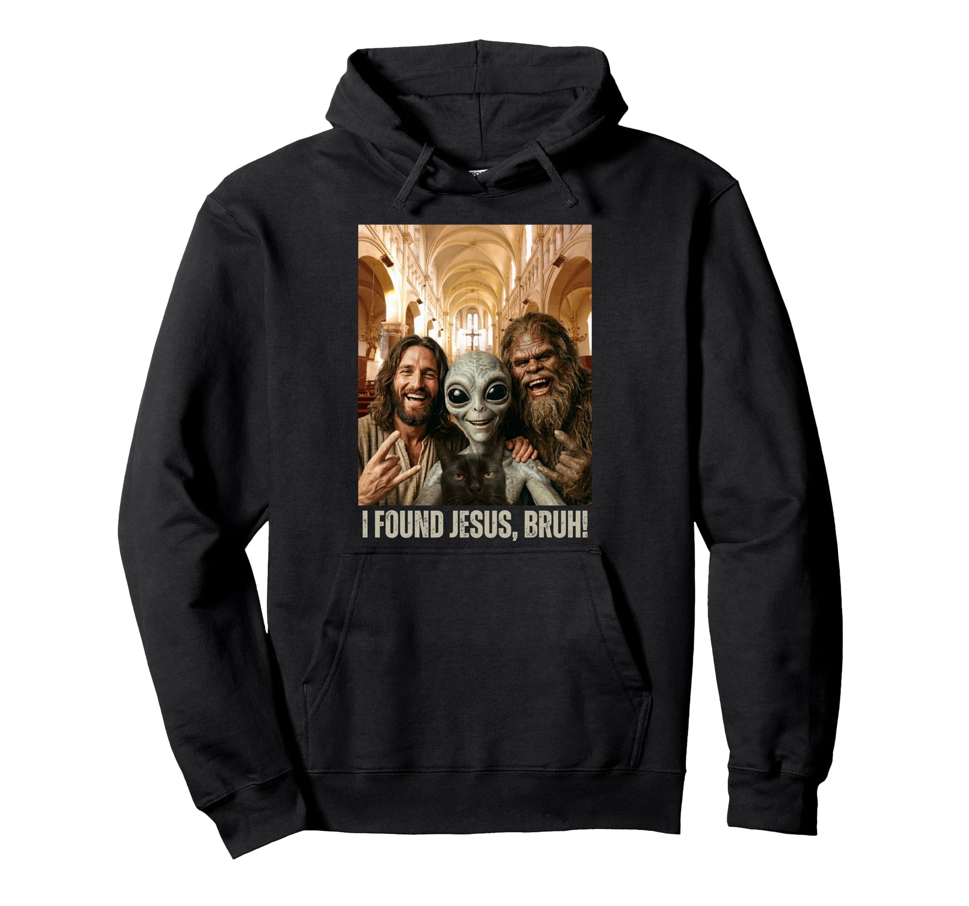 Bruh Bigfoot Alien Jesus Rock Hand Sign Hoodie - Novelty Apparel Unisex - T-Shirt, Sweatshirt, Hoodie