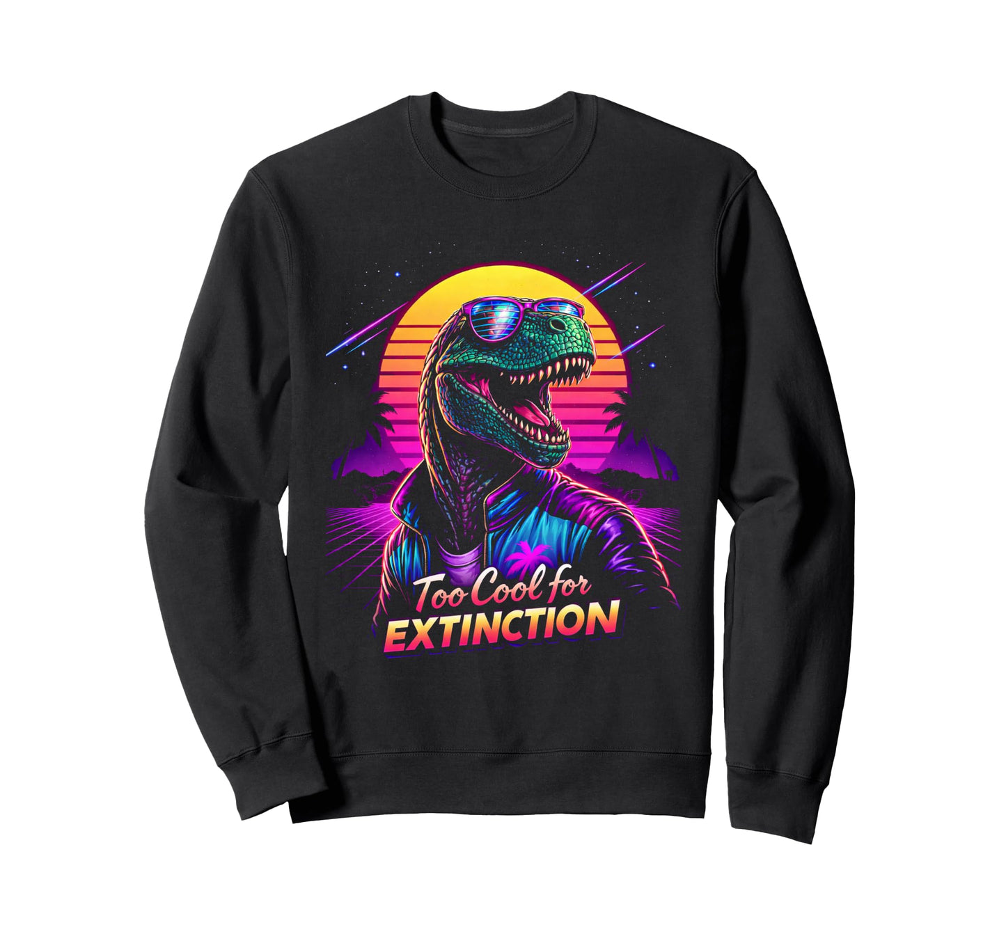80S Synthwave T Rex Funny Sweatshirt - Fun Novelty Design Unisex - T-Shirt, Sweatshirt, Hoodie