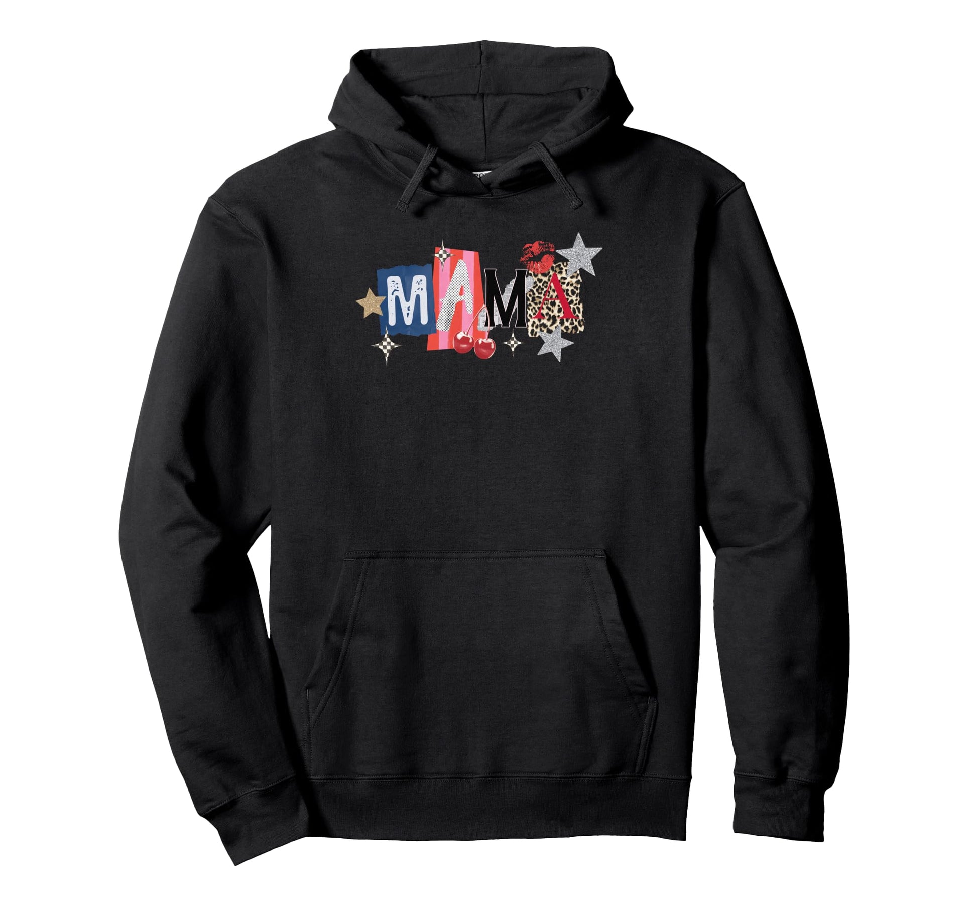 Rock Mama Leopard Cherry Stars Lips Hoodie - Minimalist Print for Adults - T-Shirt, Sweatshirt, Hoodie