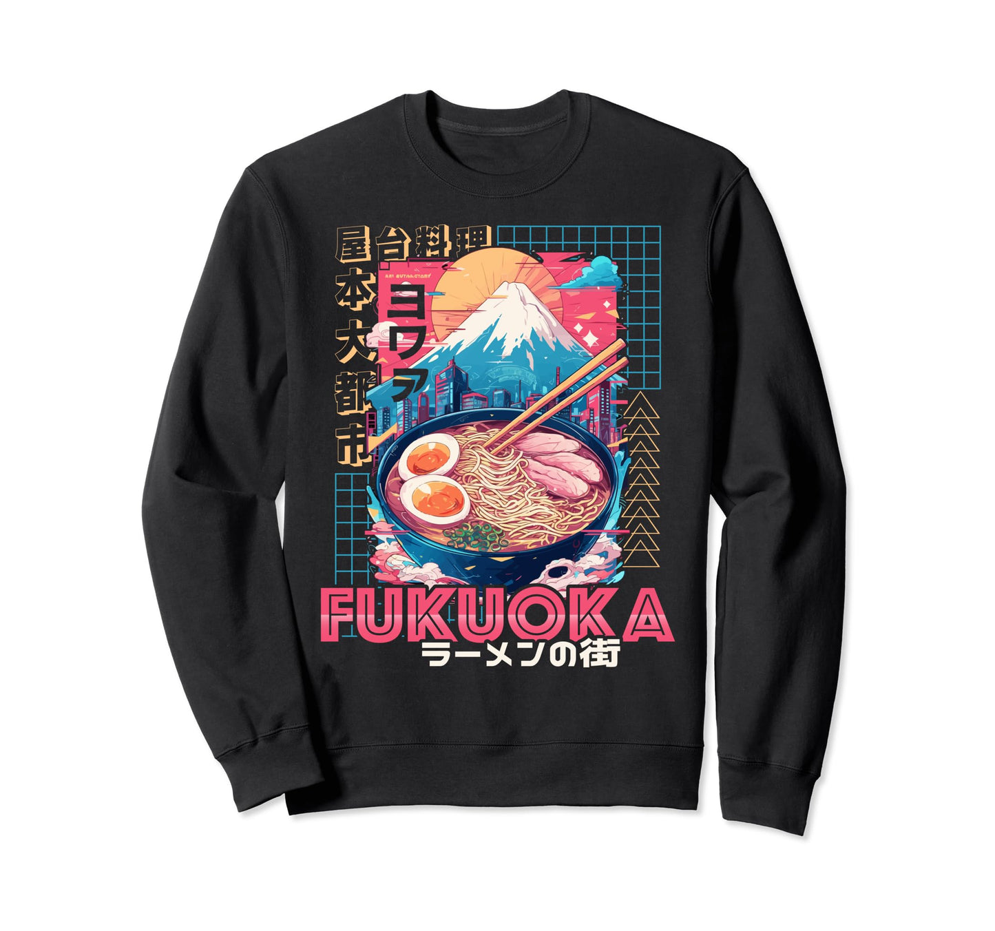 Fukuoka City 80S Synthwave Ramen Sweatshirt - Trendy Graphic for Adults - T-Shirt, Sweatshirt, Hoodie
