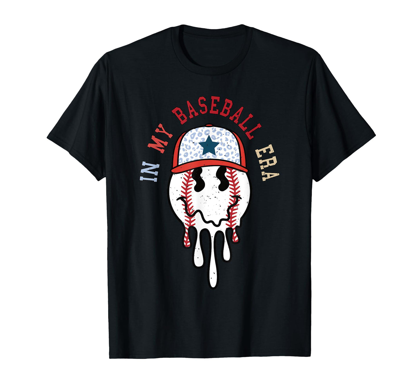 Baseball Melting Happy Face Leopard Hat T-Shirt - Aesthetic Graphic Unisex - T-Shirt, Sweatshirt, Hoodie