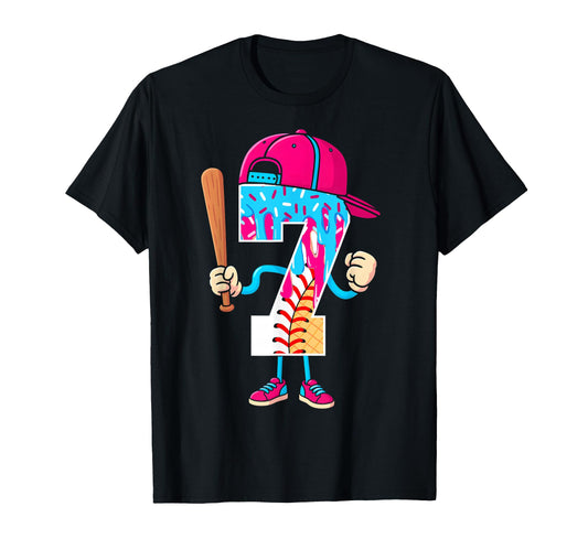 Baseball 7 Year Old Ice Cream Drip 7Th T-Shirt - Trendy Graphic for Adults - T-Shirt, Sweatshirt, Hoodie