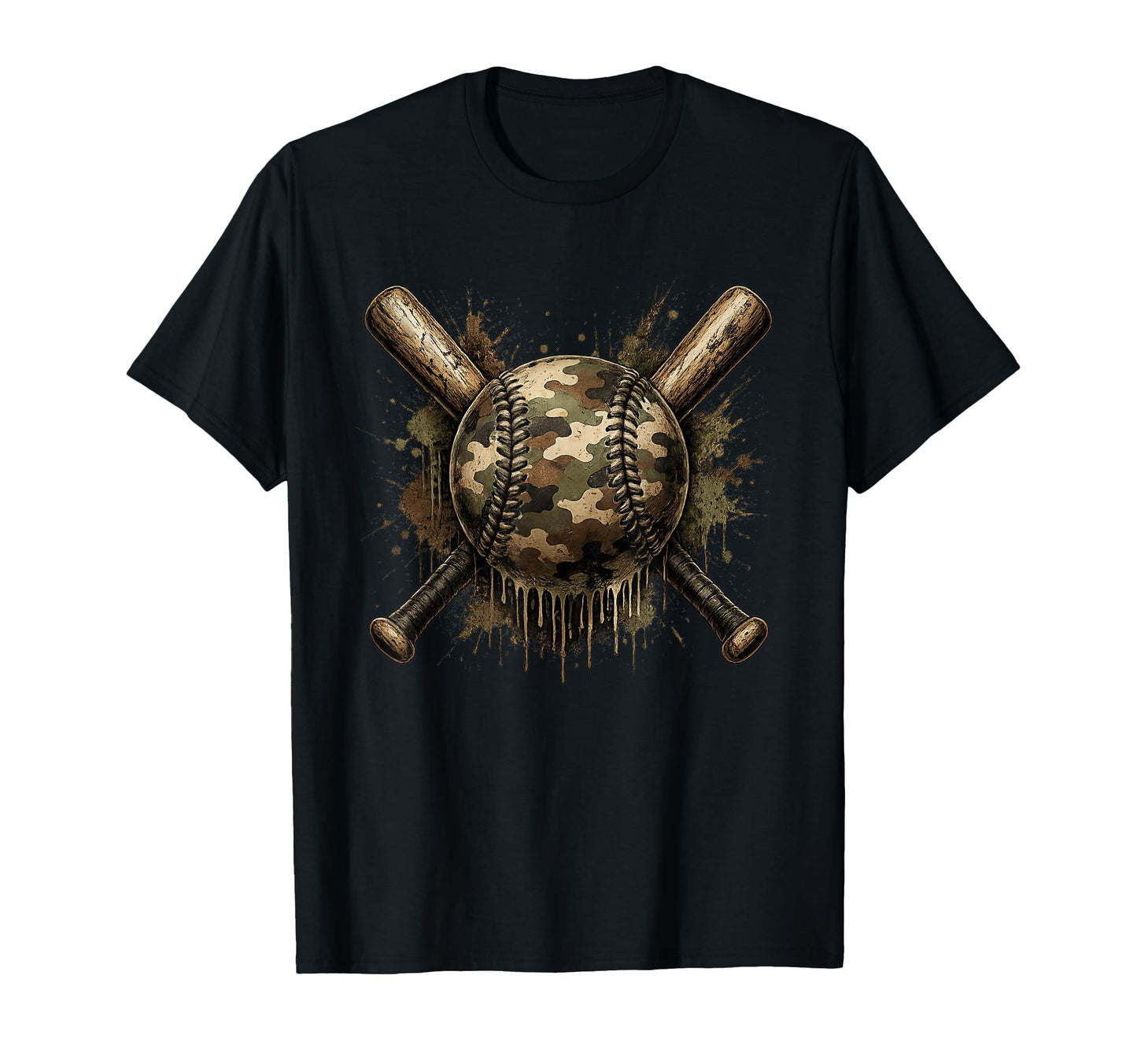 Camo Baseball Crossed Bats Grunge T-Shirt - Custom Art Print Men Women - T-Shirt, Sweatshirt, Hoodie