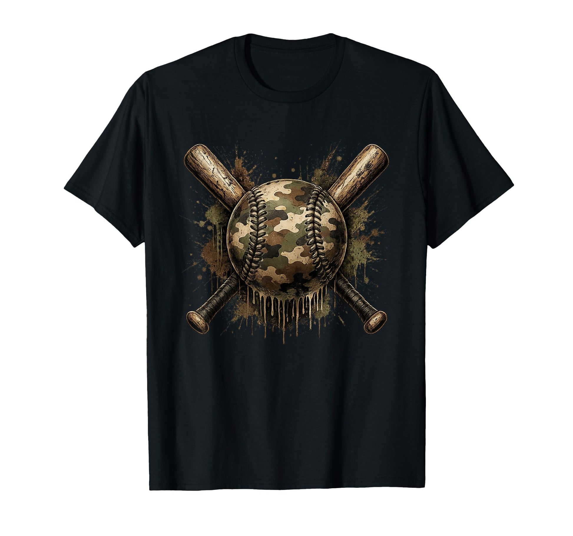 Camo Baseball Crossed Bats Grunge T-Shirt - Custom Art Print Men Women - T-Shirt, Sweatshirt, Hoodie