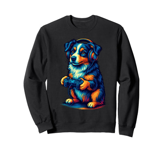 Australian Shepherd Gamer Gaming Dog Sweatshirt - Aesthetic Graphic Unisex - T-Shirt, Sweatshirt, Hoodie