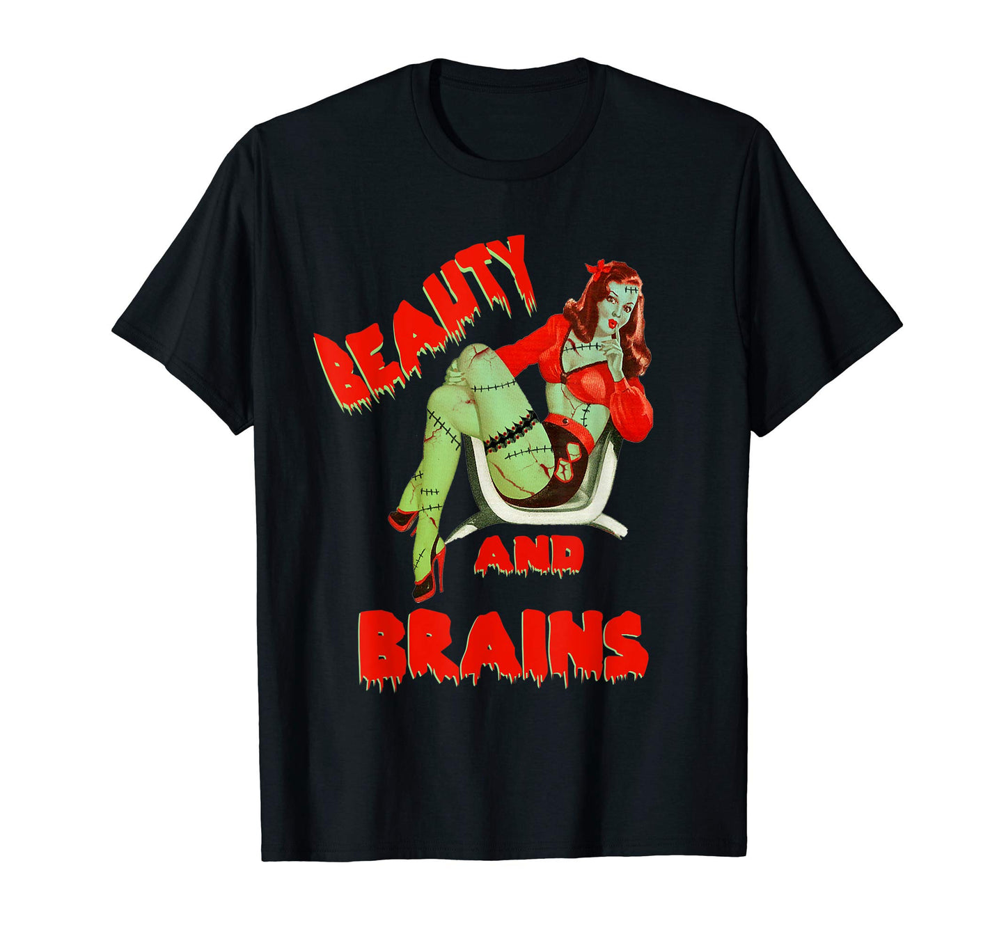 Zombie Pin Up Halloween Beauty Brains T-Shirt - Unique Graphic for Adults - T-Shirt, Sweatshirt, Hoodie
