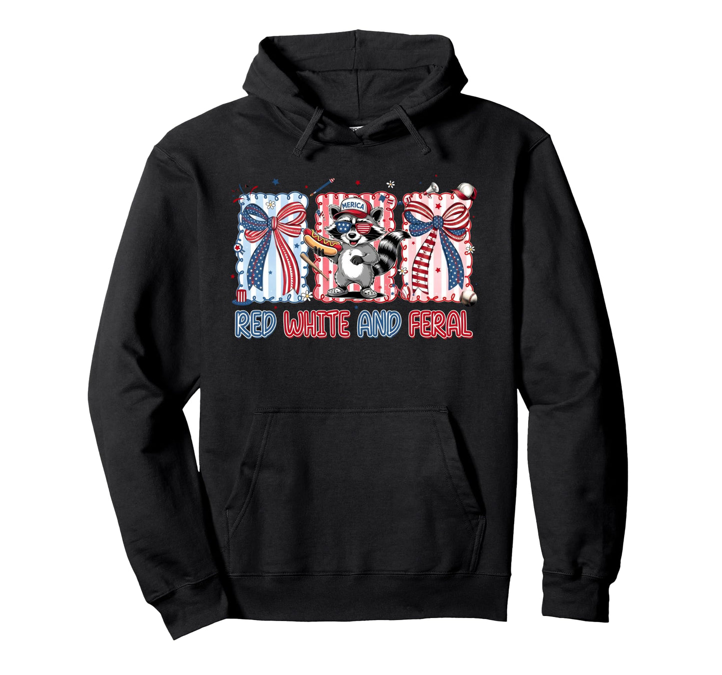 Red White And Feral Patriotic Raccoon Hoodie - Graphic Print for Adults - T-Shirt, Sweatshirt, Hoodie