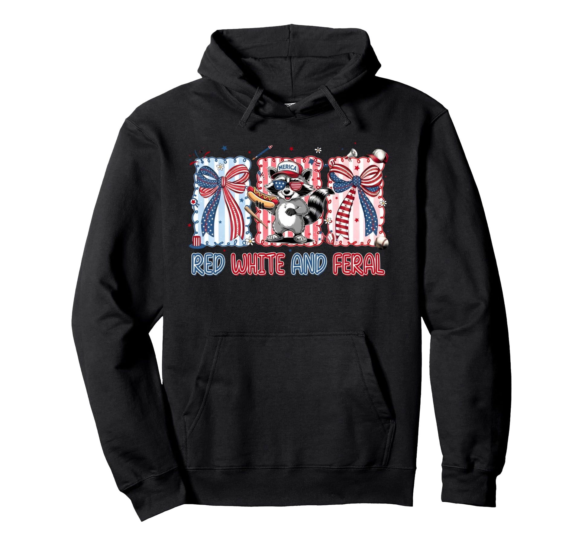 Red White And Feral Patriotic Raccoon Hoodie - Graphic Print for Adults - T-Shirt, Sweatshirt, Hoodie