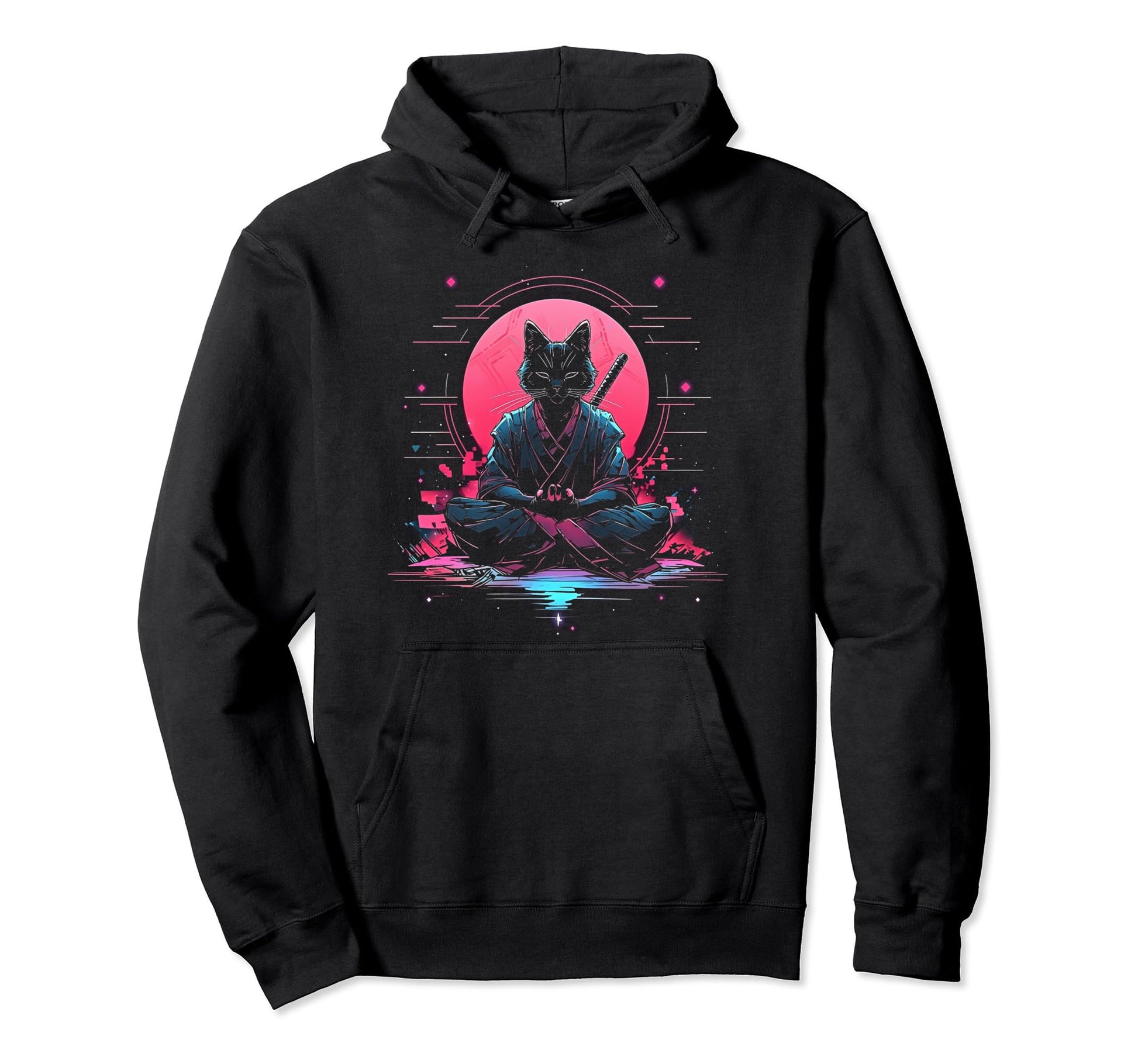 Synthwave Cat Samurai Mediation Hoodie - Aesthetic Graphic for Adults - T-Shirt, Sweatshirt, Hoodie