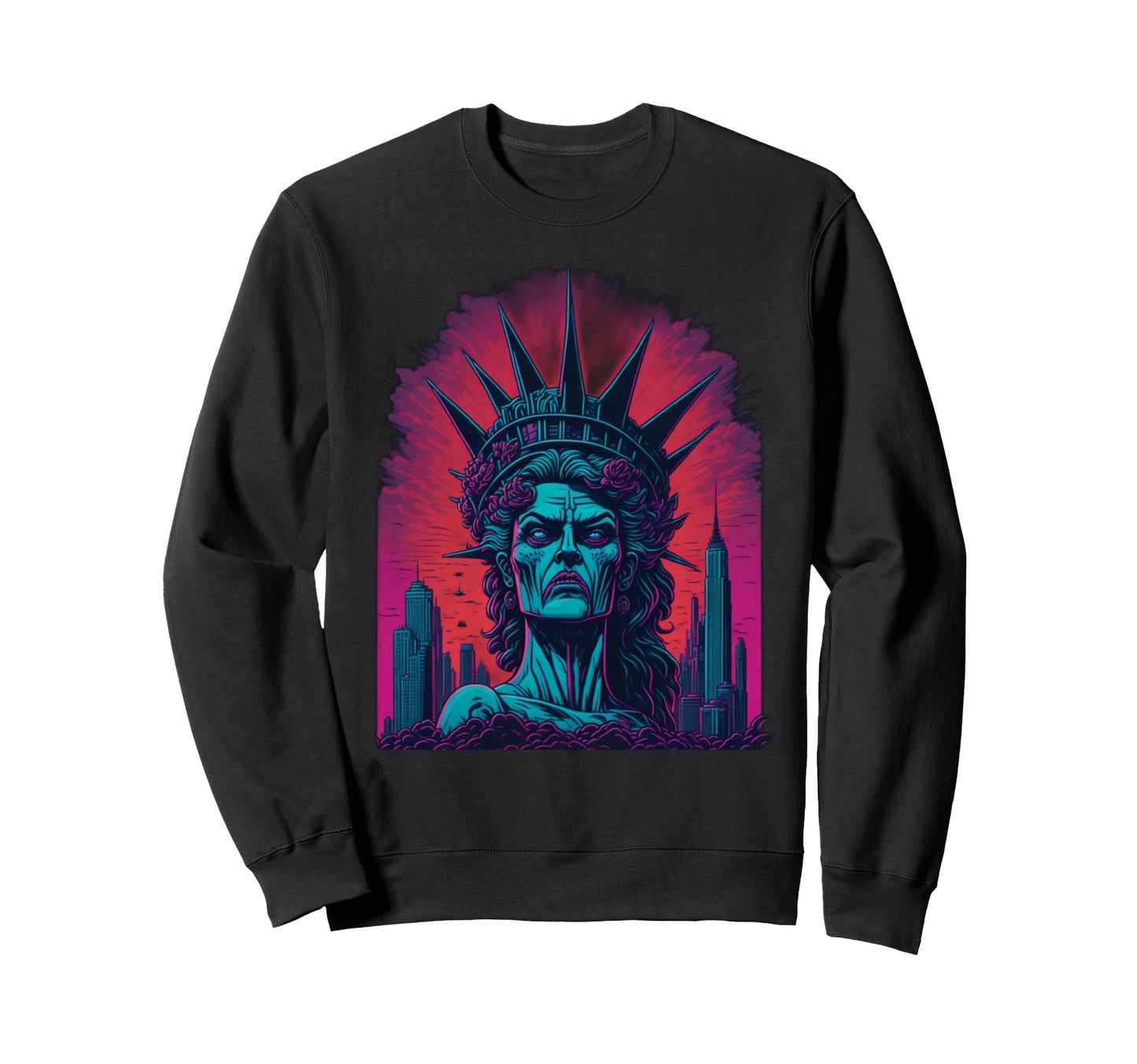 Synthwave Zombie Statue Liberty Head Sweatshirt - Graphic Print for Adults - T-Shirt, Sweatshirt, Hoodie