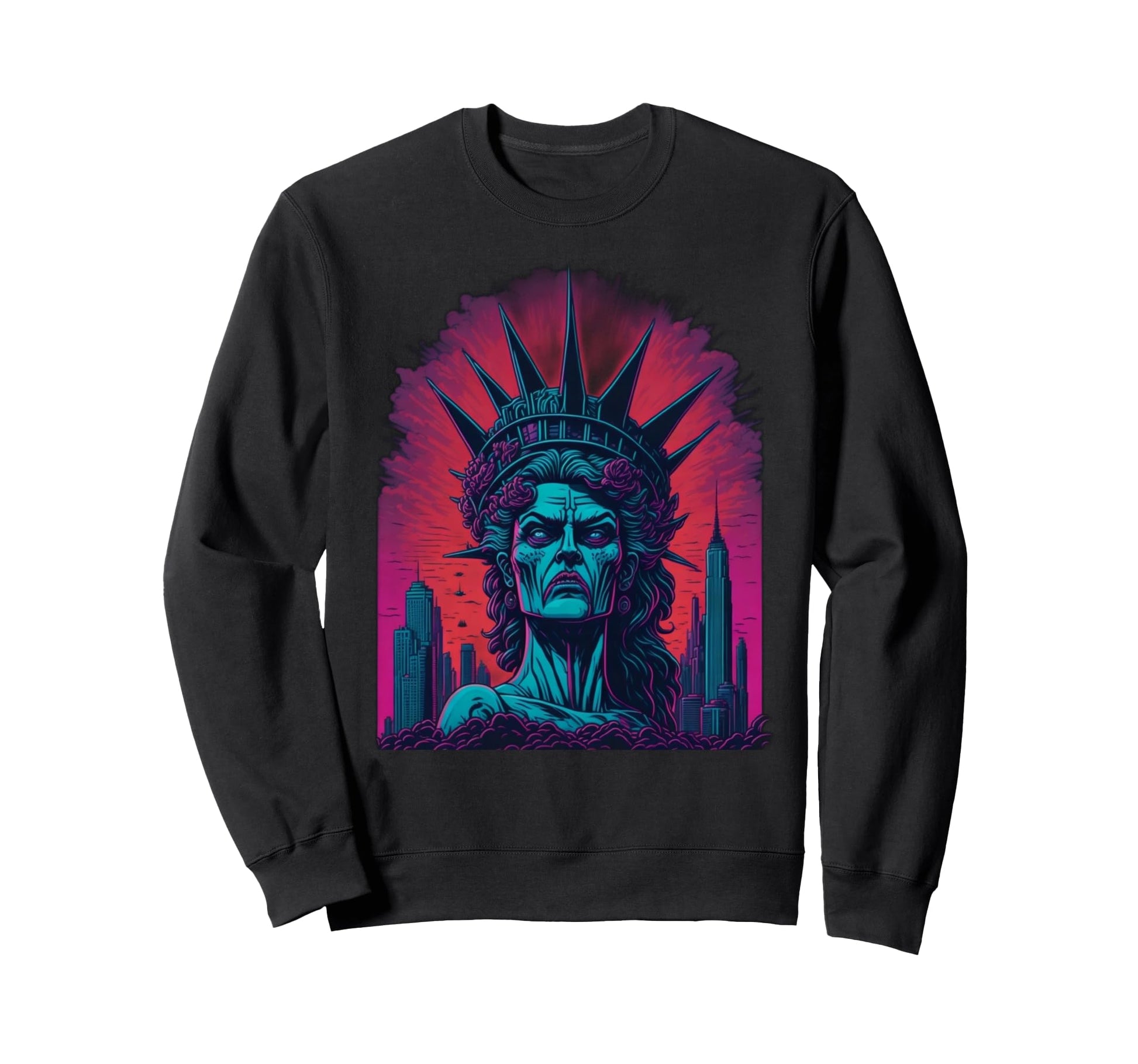Synthwave Zombie Statue Liberty Head Sweatshirt - Graphic Print for Adults - T-Shirt, Sweatshirt, Hoodie