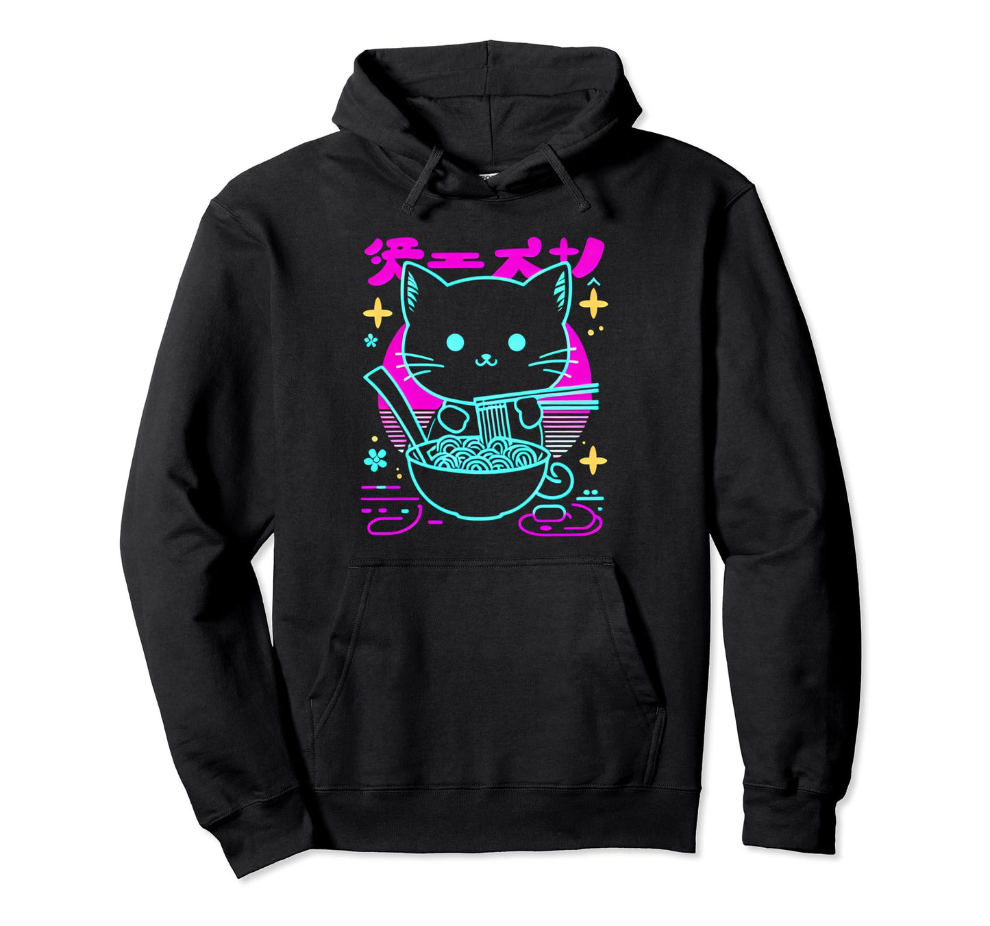 Kawaii Anime Cat Eating Ramen 80S Hoodie - Casual Everyday Wear Men Women - T-Shirt, Sweatshirt, Hoodie