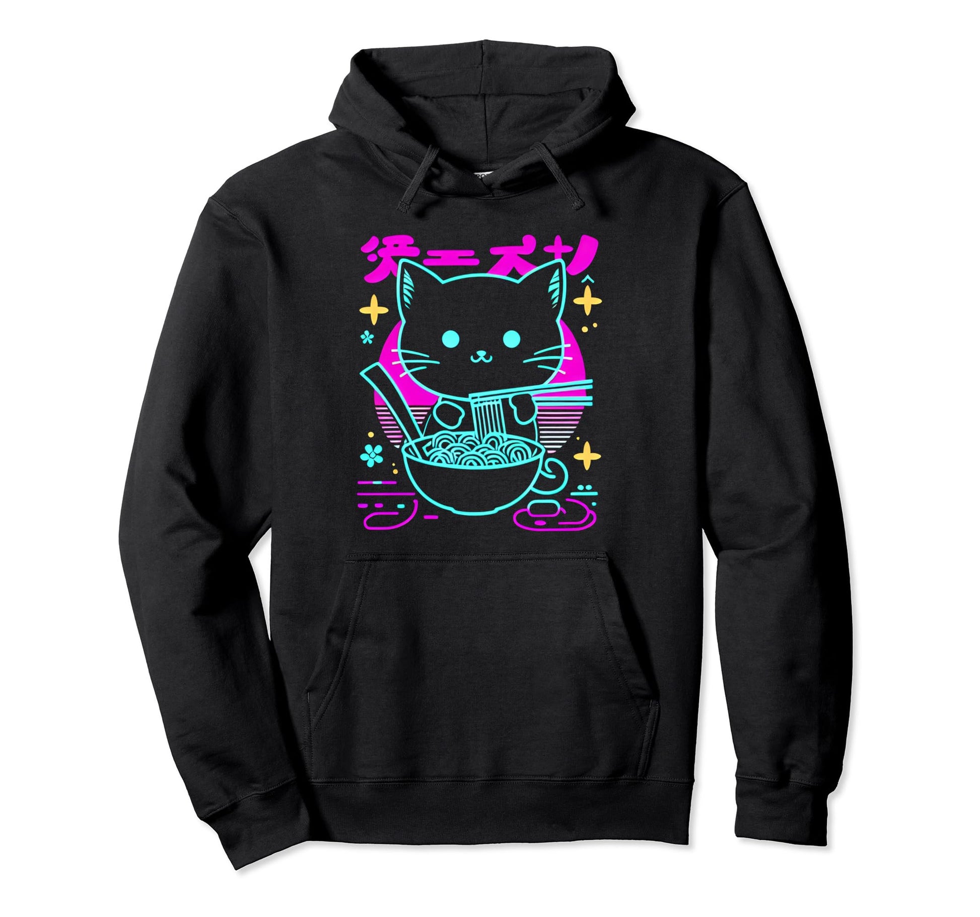 Kawaii Anime Cat Eating Ramen 80S Hoodie - Casual Everyday Wear Men Women - T-Shirt, Sweatshirt, Hoodie