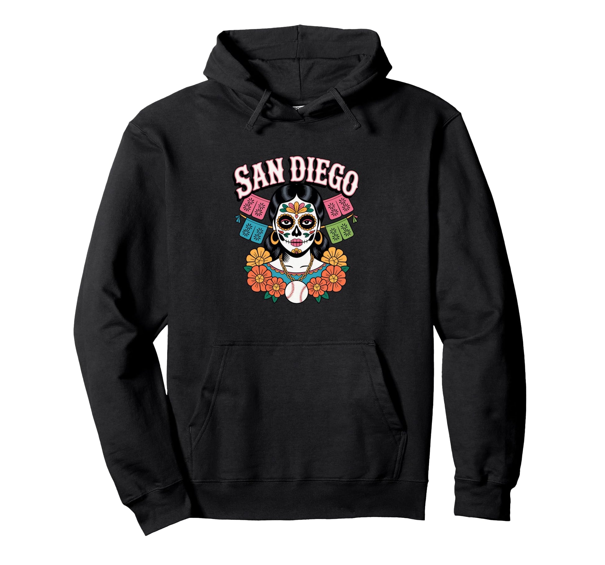 San Diego Sugar Skull Baseball Dia De Hoodie - Minimalist Print for Adults - T-Shirt, Sweatshirt, Hoodie