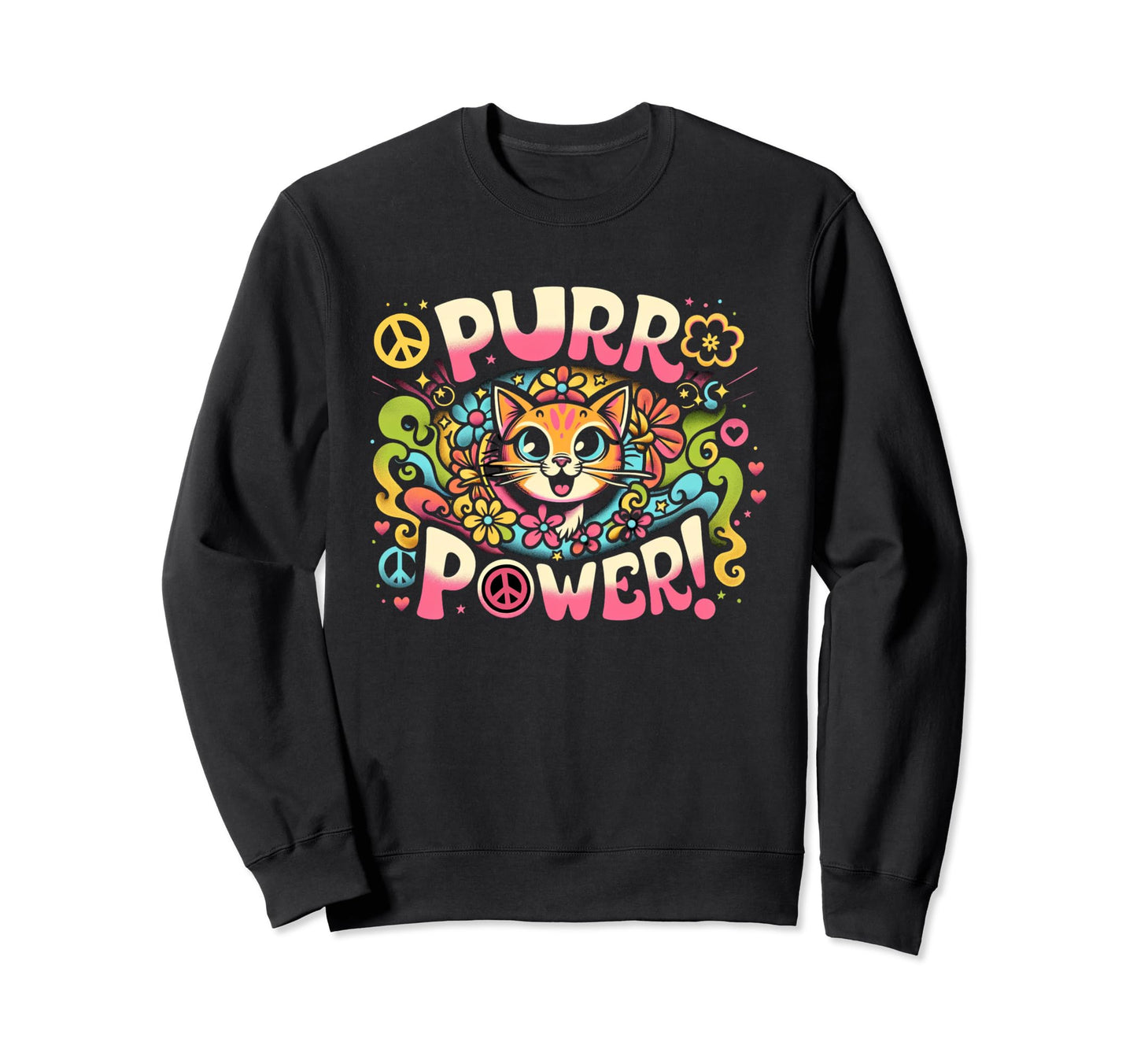 Hippie Cat 60S Purr Power Sweatshirt - Trendy Graphic Men Women - T-Shirt, Sweatshirt, Hoodie