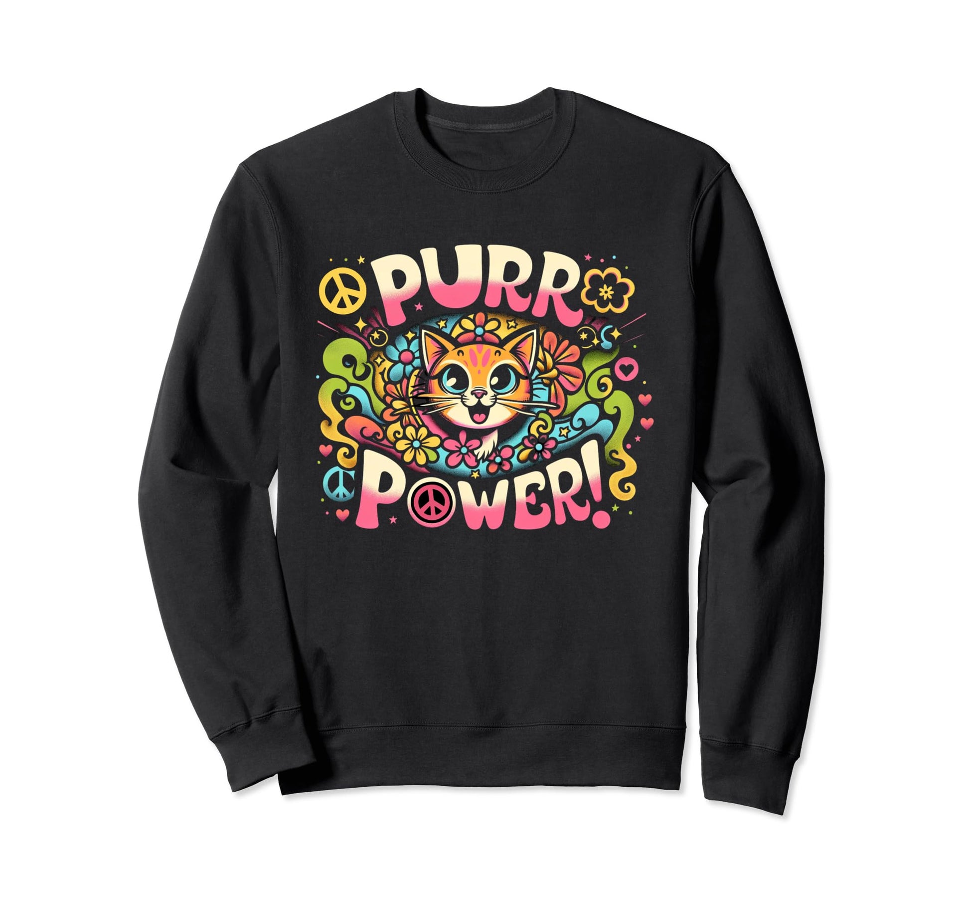 Hippie Cat 60S Purr Power Sweatshirt - Trendy Graphic Men Women - T-Shirt, Sweatshirt, Hoodie
