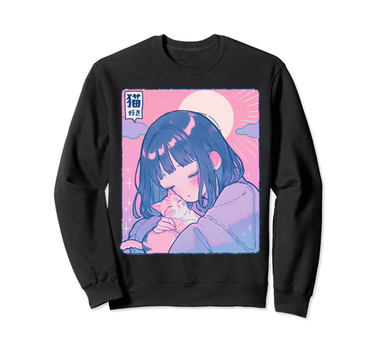 Anime Cat Lover Pastel Aesthetic Y2K Sweatshirt - Minimalist Print Unisex - T-Shirt, Sweatshirt, Hoodie