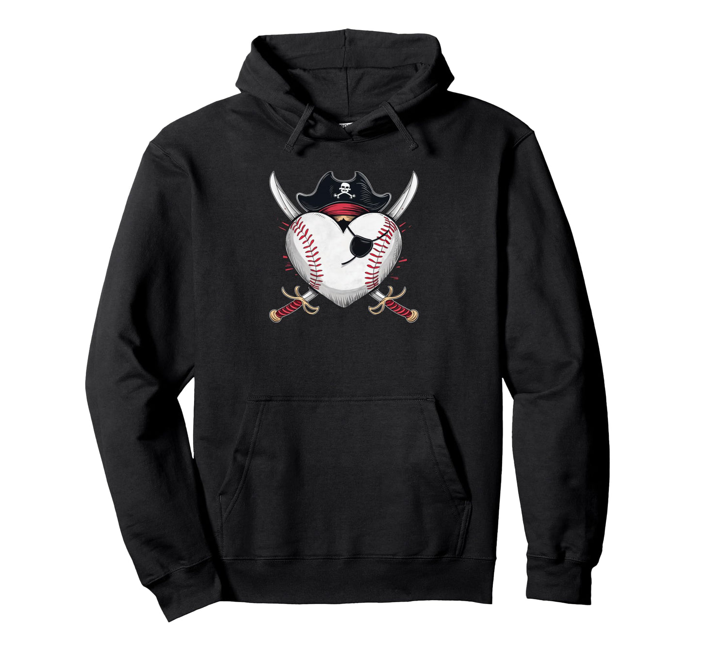 Pirate Baseball Heart Skull Hat Hoodie - Unique Graphic for Adults - T-Shirt, Sweatshirt, Hoodie