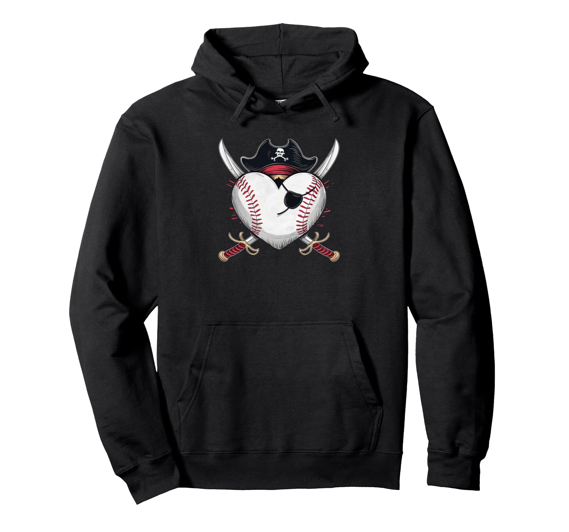 Pirate Baseball Heart Skull Hat Hoodie - Unique Graphic for Adults - T-Shirt, Sweatshirt, Hoodie