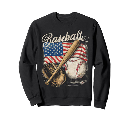 American Flag Baseball Player Bat Sweatshirt - Fun Novelty Design Unisex - T-Shirt, Sweatshirt, Hoodie