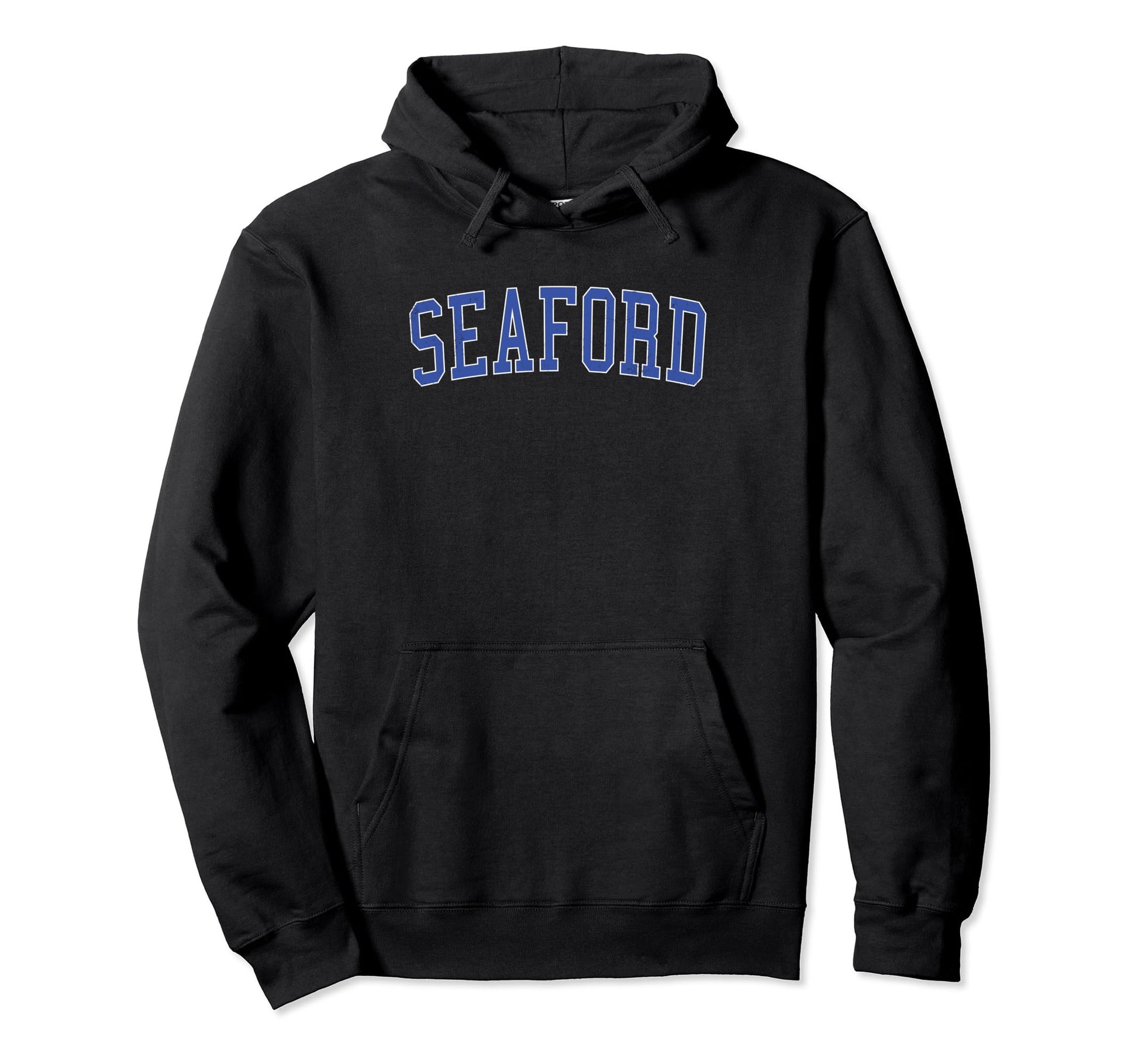 Seaford De Distressed Blue Varsity Hoodie - Minimalist Print for Adults - T-Shirt, Sweatshirt, Hoodie
