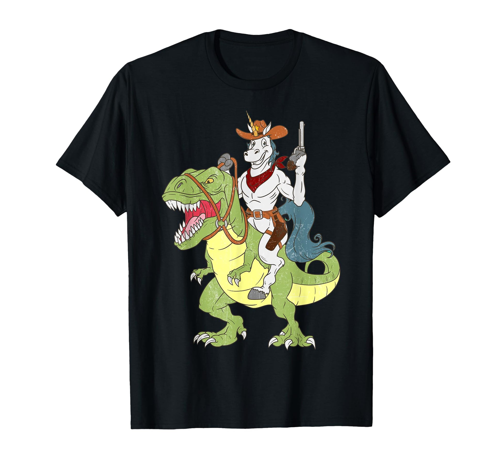 Unicorn Riding Dinosaur T Rex Cowboy T-Shirt - Graphic Print Unisex - T-Shirt, Sweatshirt, Hoodie