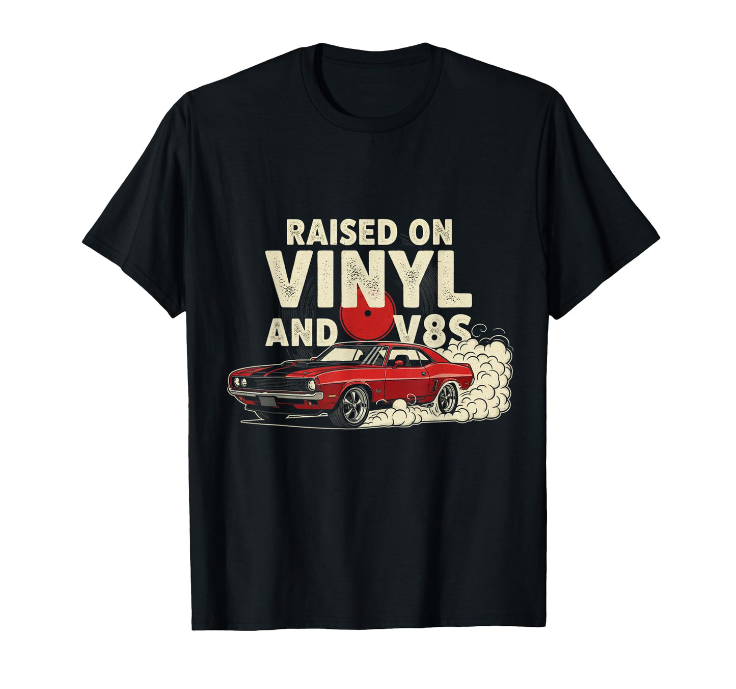 Raised Vinyl And V8S 70S Car Lover T-Shirt - Minimalist Print Unisex - T-Shirt, Sweatshirt, Hoodie