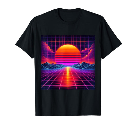 80S Grid Sunset Vaporwave Synthwave T-Shirt - Aesthetic Graphic for Adults - T-Shirt, Sweatshirt, Hoodie