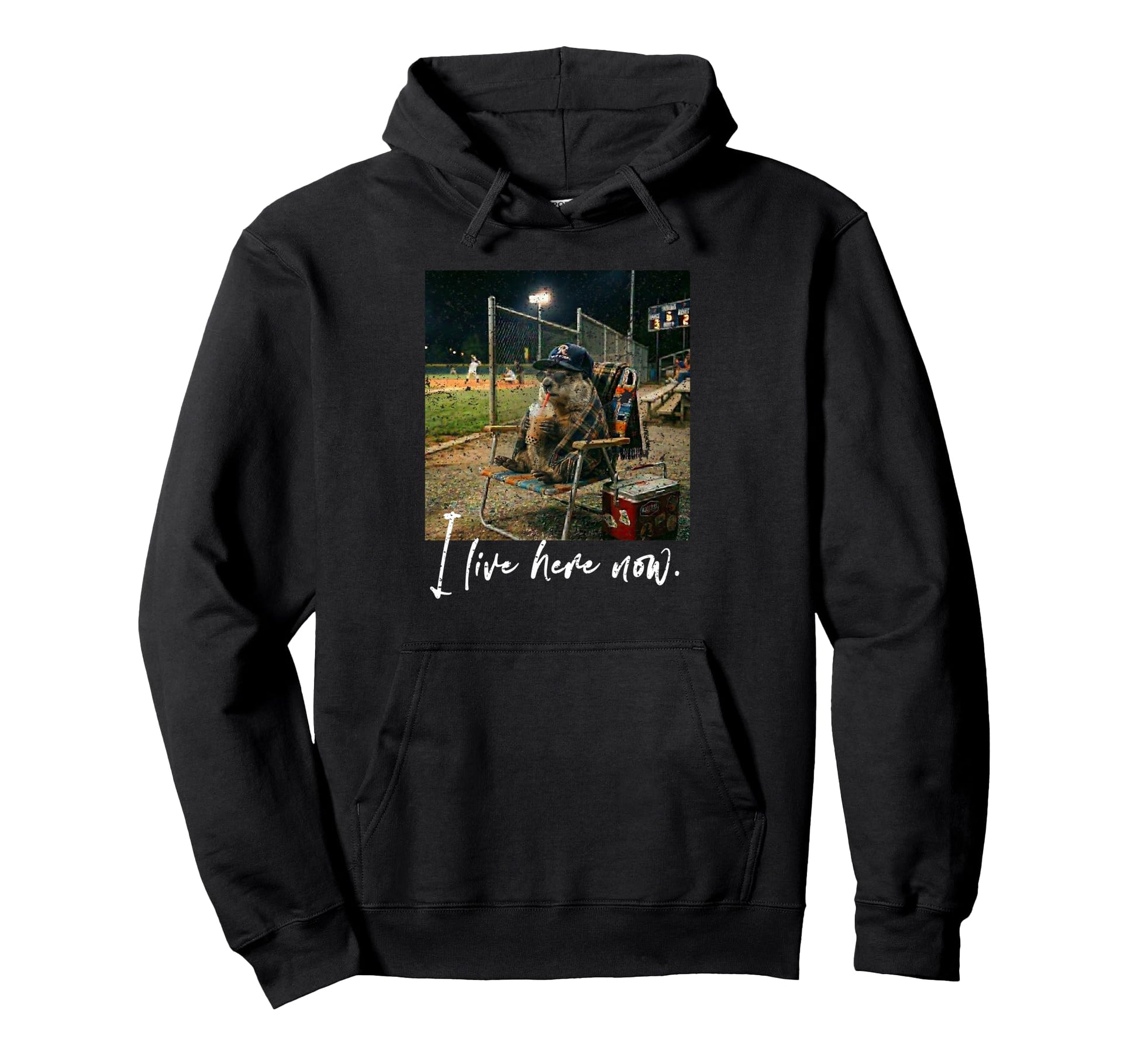 Distressed I Live Here Now Groundhog Hoodie - Graphic Print Men Women - T-Shirt, Sweatshirt, Hoodie