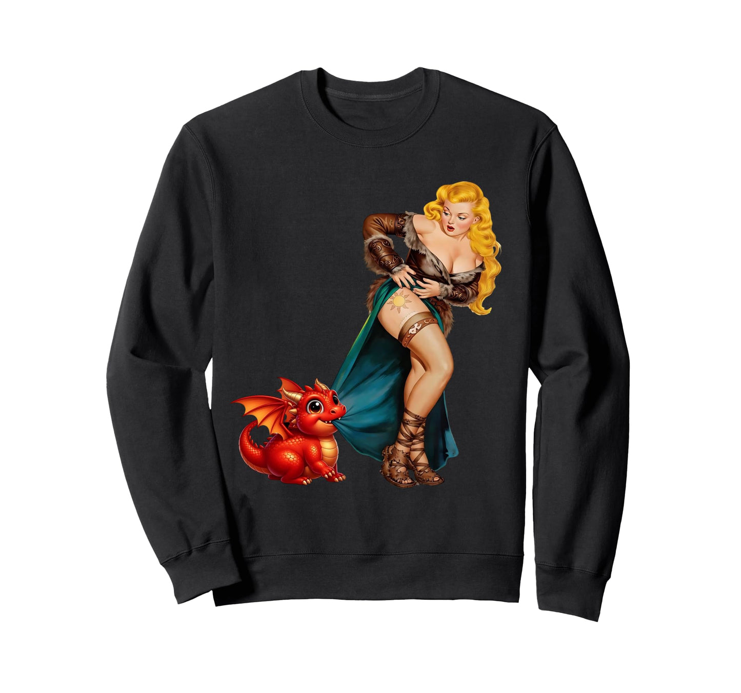 Fantasy Barbarian Pinup Red Dragon Sweatshirt - Streetwear Style Unisex - T-Shirt, Sweatshirt, Hoodie