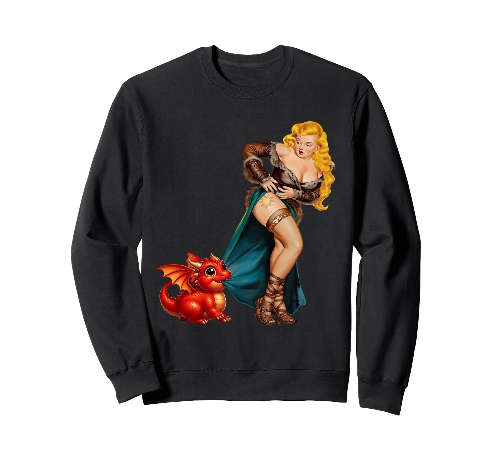 Fantasy Barbarian Pinup Red Dragon Sweatshirt - Streetwear Style Unisex - T-Shirt, Sweatshirt, Hoodie