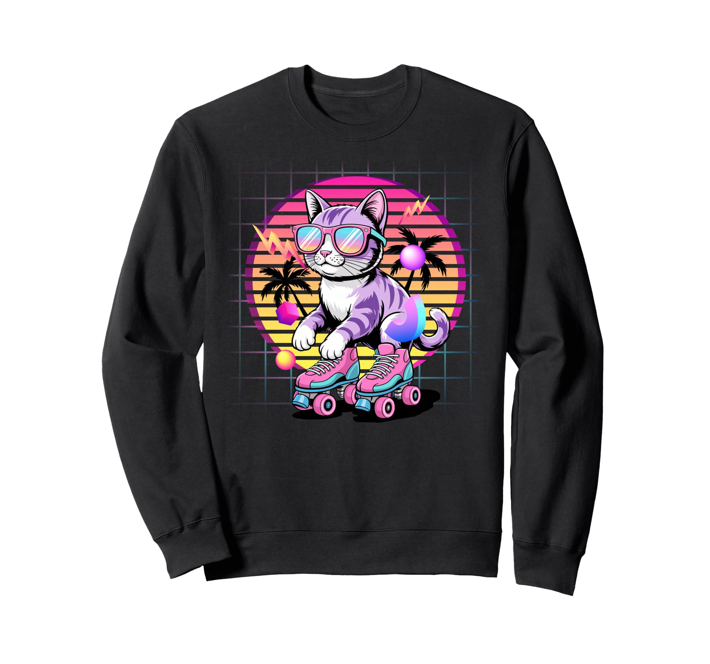 Synthwave Cat Roller Skates Sweatshirt - Casual Everyday Wear Men Women - T-Shirt, Sweatshirt, Hoodie