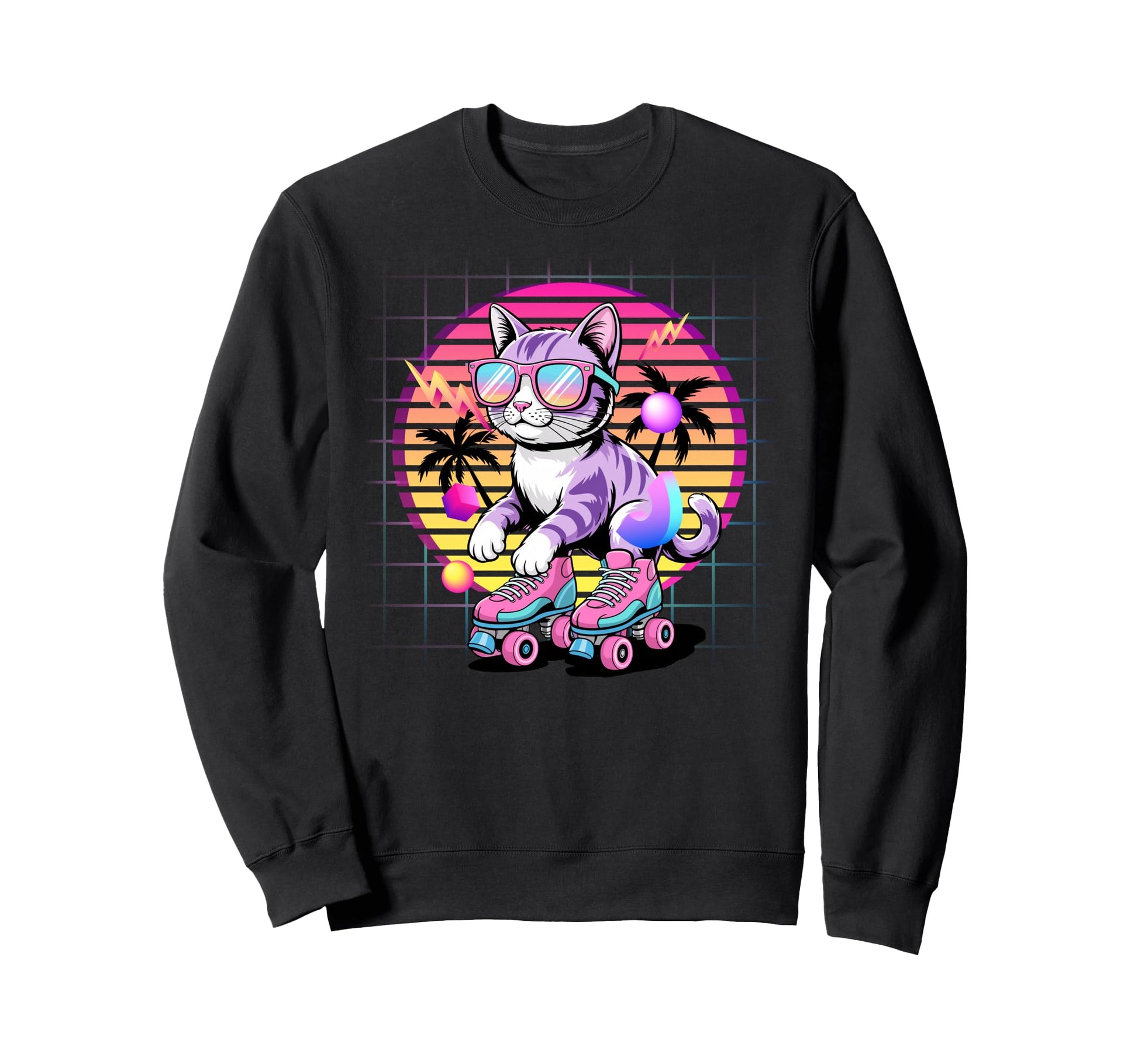 Synthwave Cat Roller Skates Sweatshirt - Casual Everyday Wear Men Women - T-Shirt, Sweatshirt, Hoodie