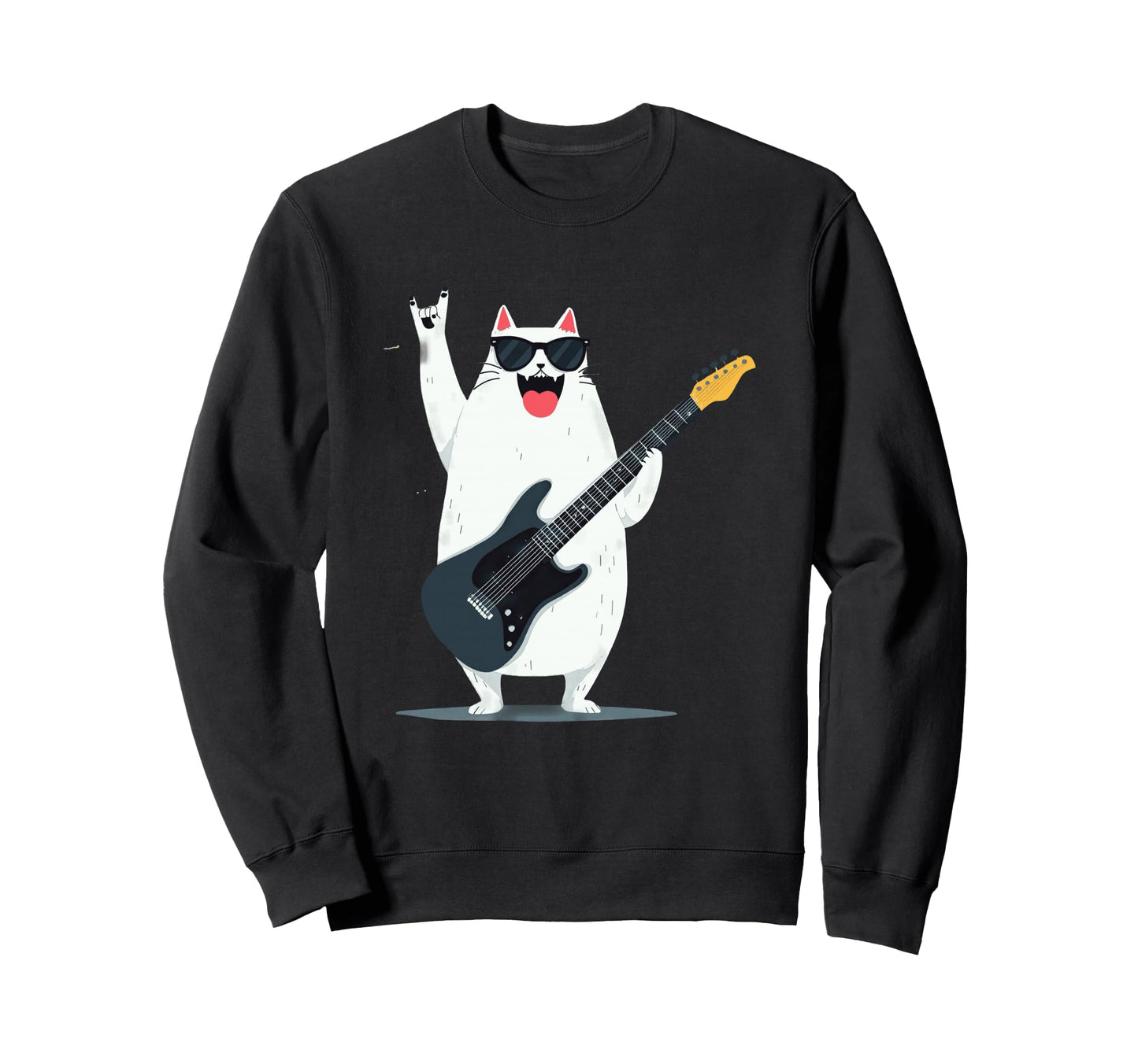 Cat Guitar Player Cartoon Rockstar Sweatshirt - Aesthetic Graphic Unisex - T-Shirt, Sweatshirt, Hoodie