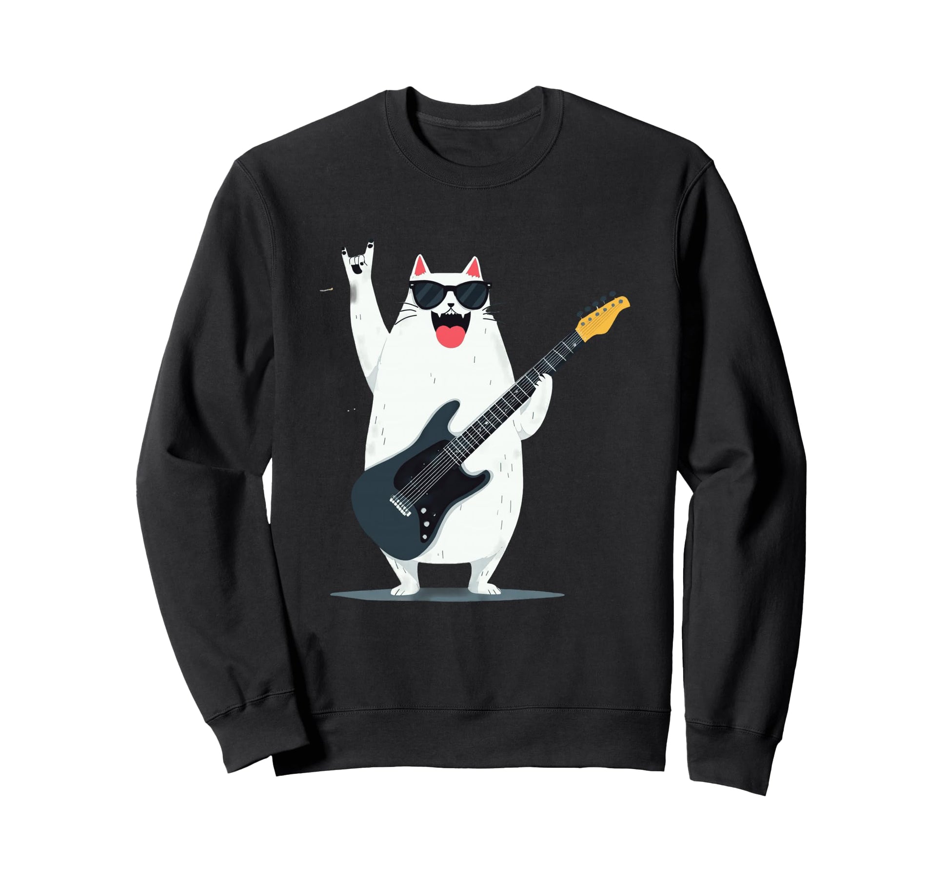 Cat Guitar Player Cartoon Rockstar Sweatshirt - Aesthetic Graphic Unisex - T-Shirt, Sweatshirt, Hoodie
