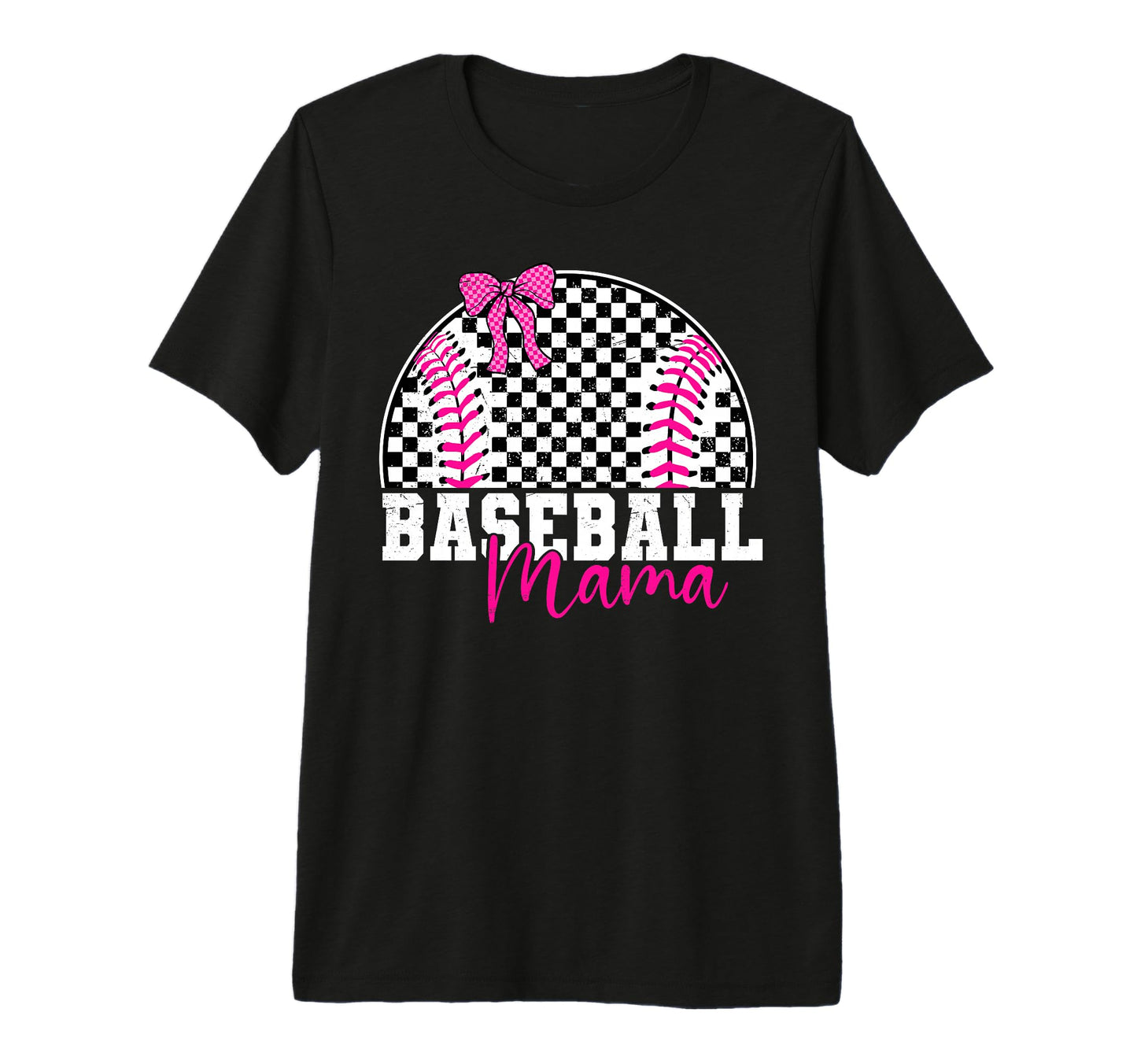 Checkered Baseball Mama Bow Varsity T-Shirt - Trendy Graphic for Adults - T-Shirt, Sweatshirt, Hoodie