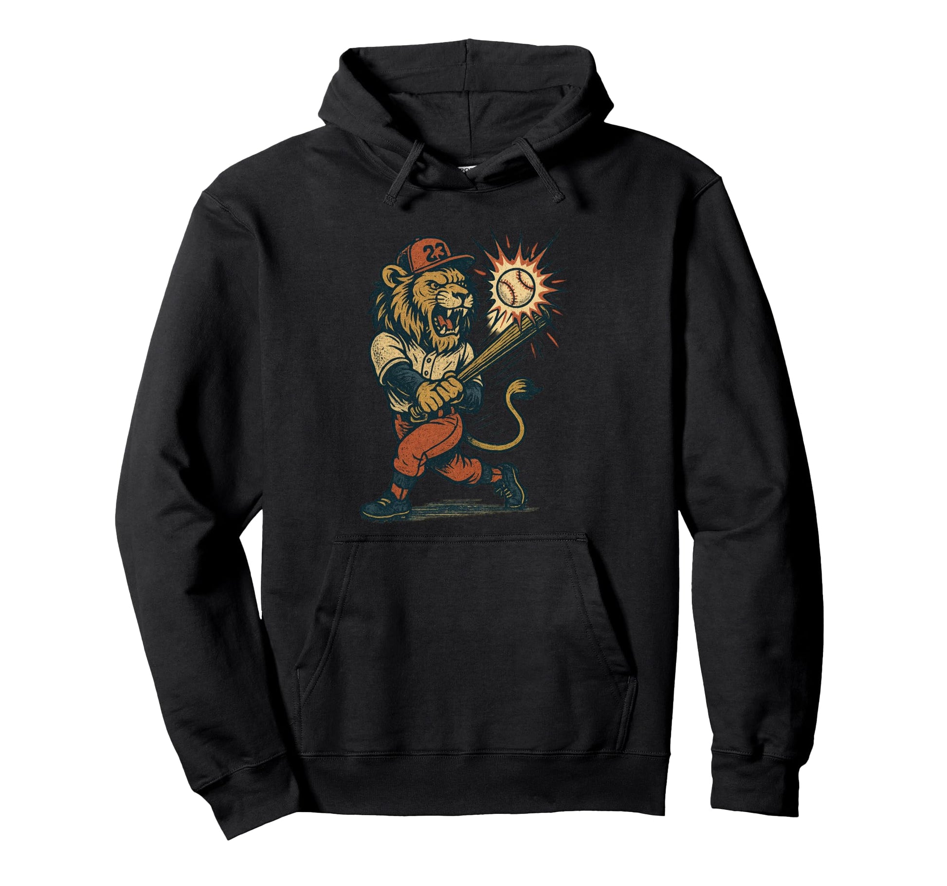 Lion Baseball Distressed Comic Sports Hoodie - Trendy Graphic Unisex - T-Shirt, Sweatshirt, Hoodie