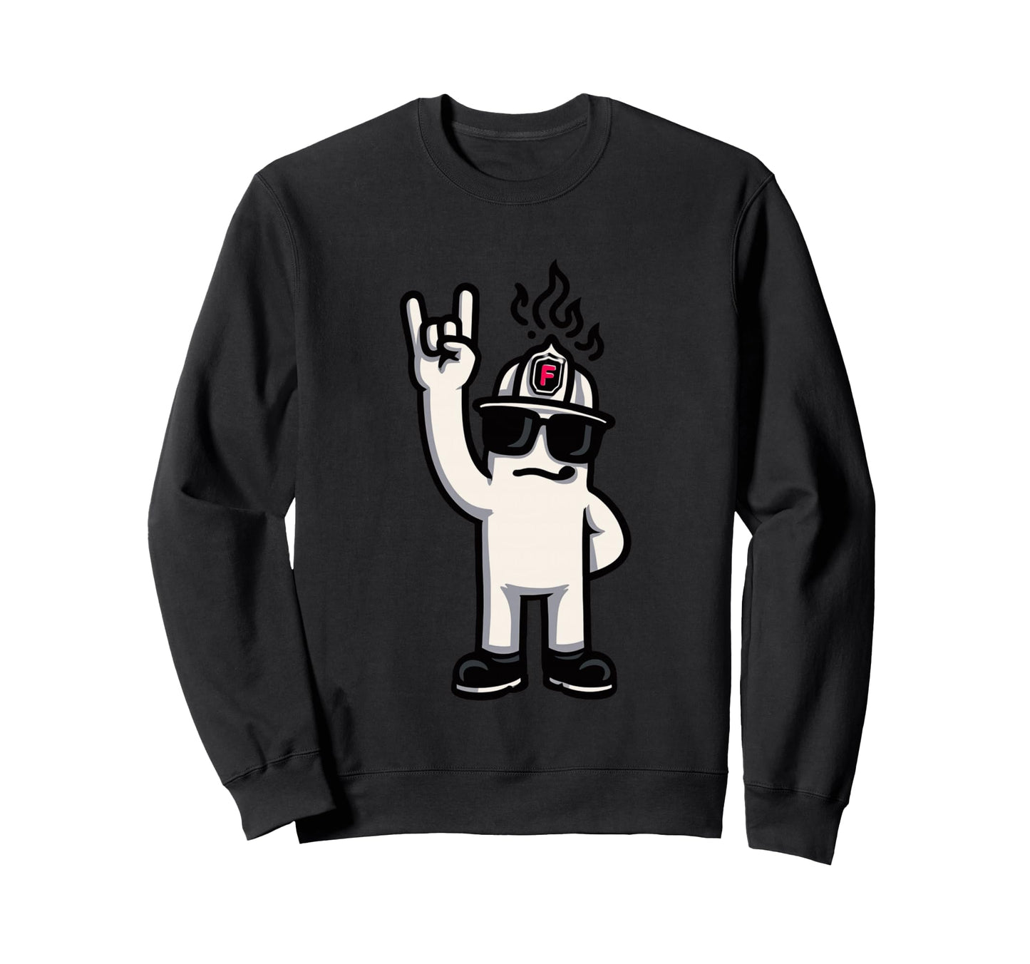 Firefighter Mascot Rock Hand Sign Sweatshirt - Custom Art Print for Adults - T-Shirt, Sweatshirt, Hoodie