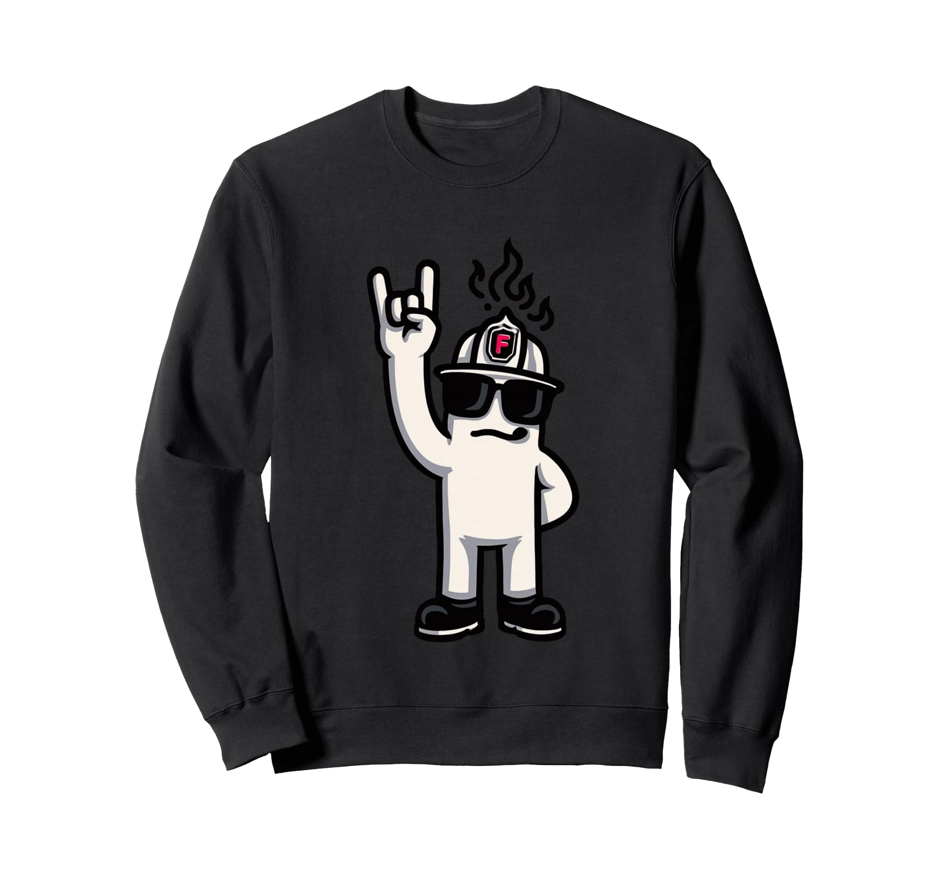 Firefighter Mascot Rock Hand Sign Sweatshirt - Custom Art Print for Adults - T-Shirt, Sweatshirt, Hoodie